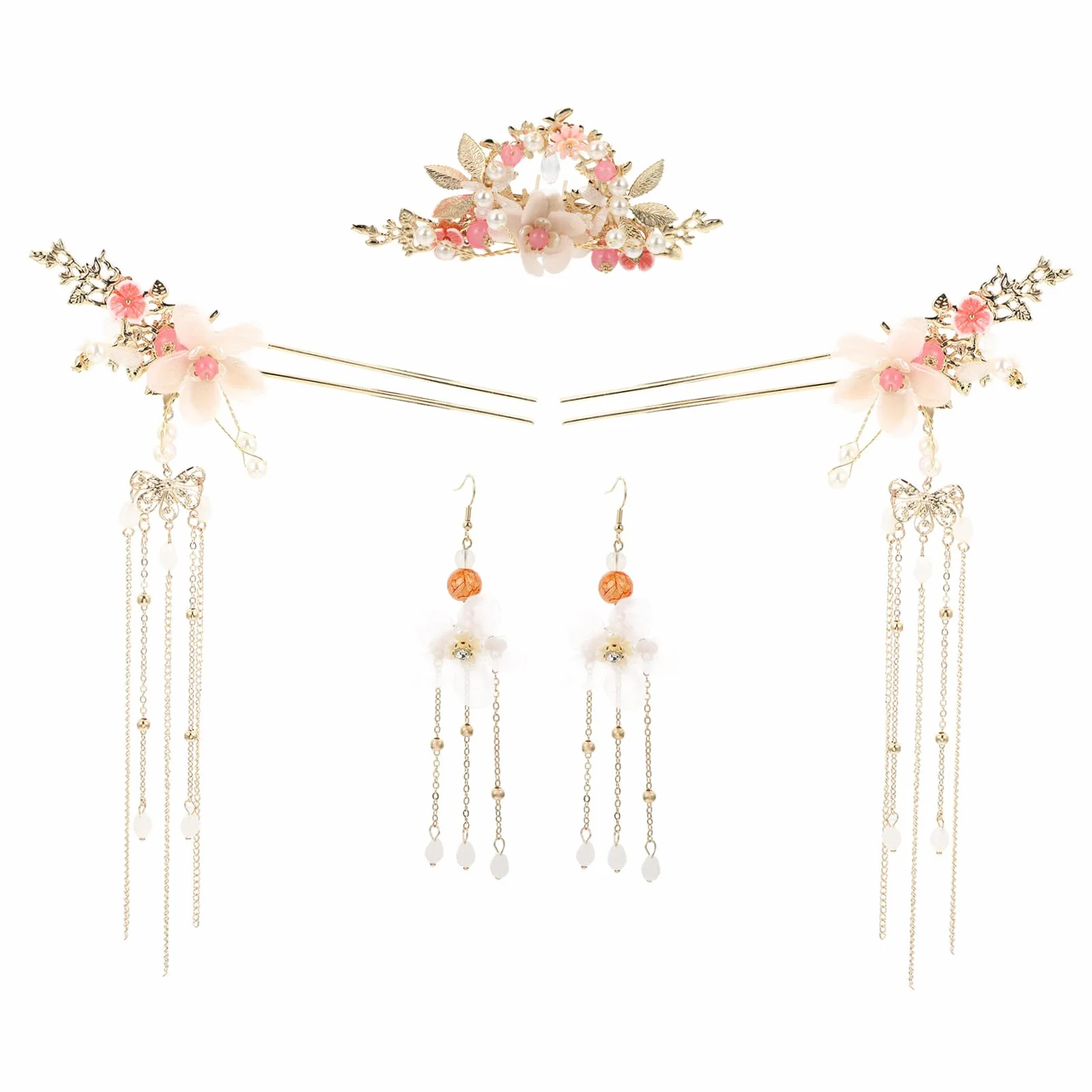 Hair sticks,Chinese Hanfu,1 Set Ancient Style Hanfu Headdress Traditional Headwear Set Flower Crystal Pearl Hairpins Hanfu Hair Accessories