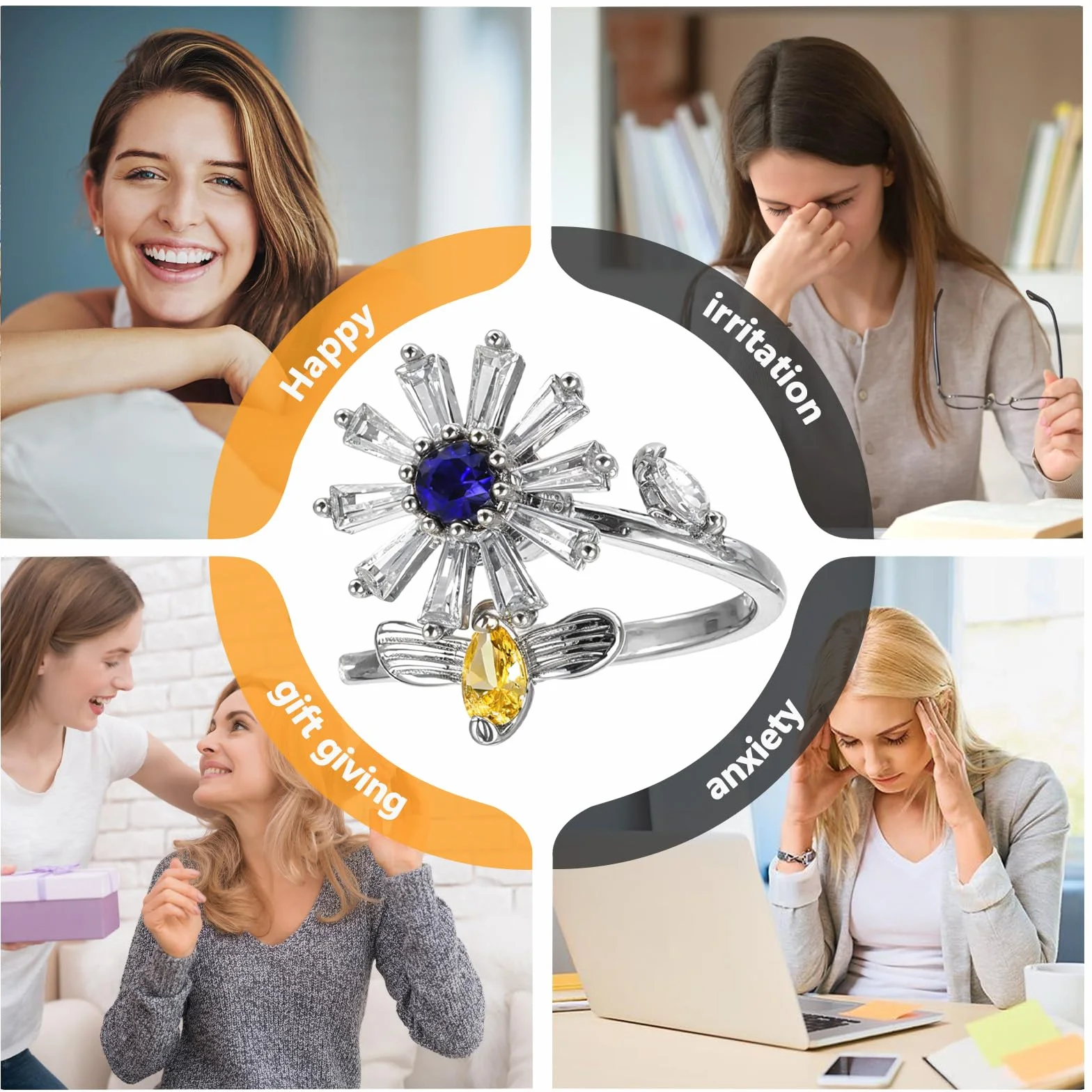 6 sztuk pierścionków antystresowych spinningowych, srebrne otwarte pierścienie ze stali nierdzewnej, pierścienie fidget antystresowe, regulowane, możliwość układania w stos, z cyrkoniami