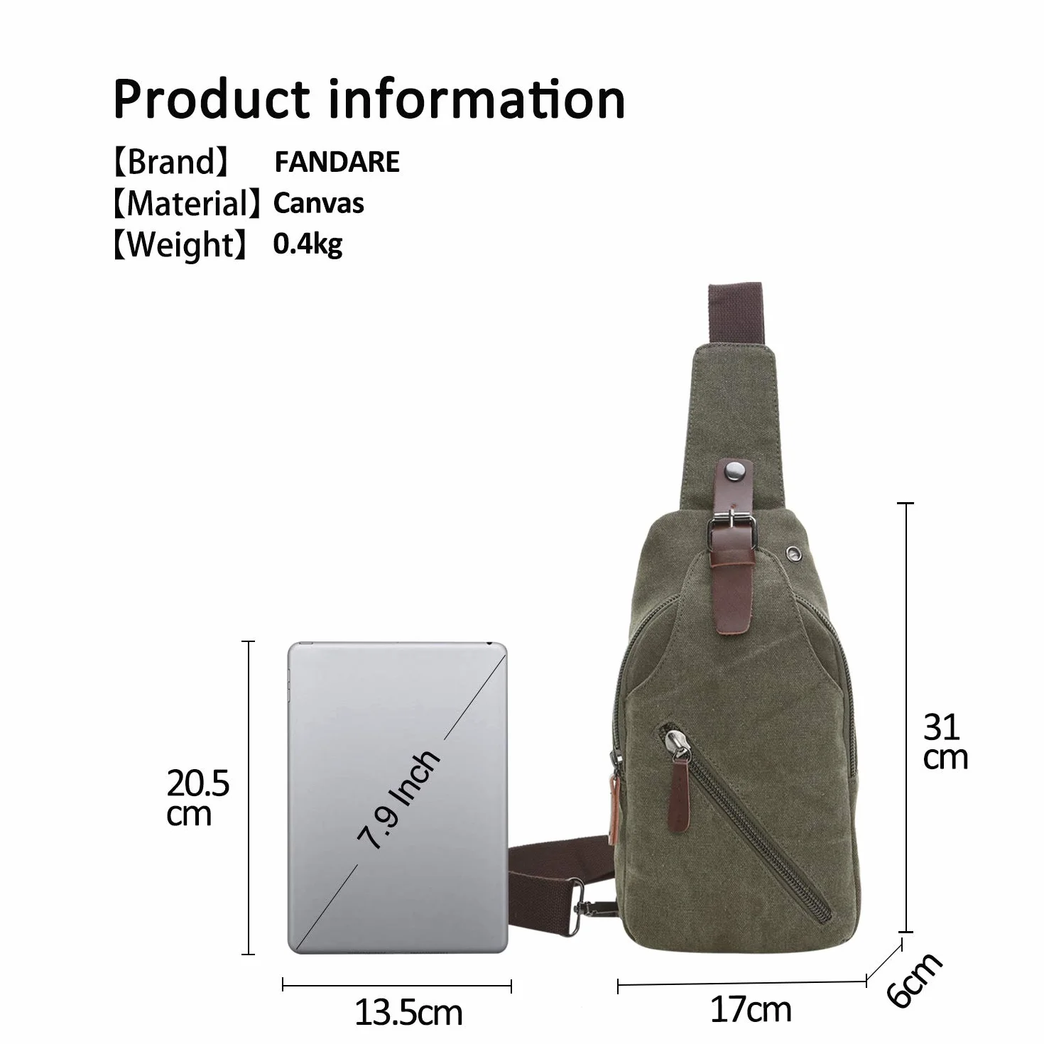 FANDARE Torba na ramię z otworem na słuchawki Student Outdoor Sport Przenośna wielofunkcyjna torba crossbody mężczyzna/kobieta odporne na zużycie płótno wojskowa zieleń, Zielony wojskowy, L