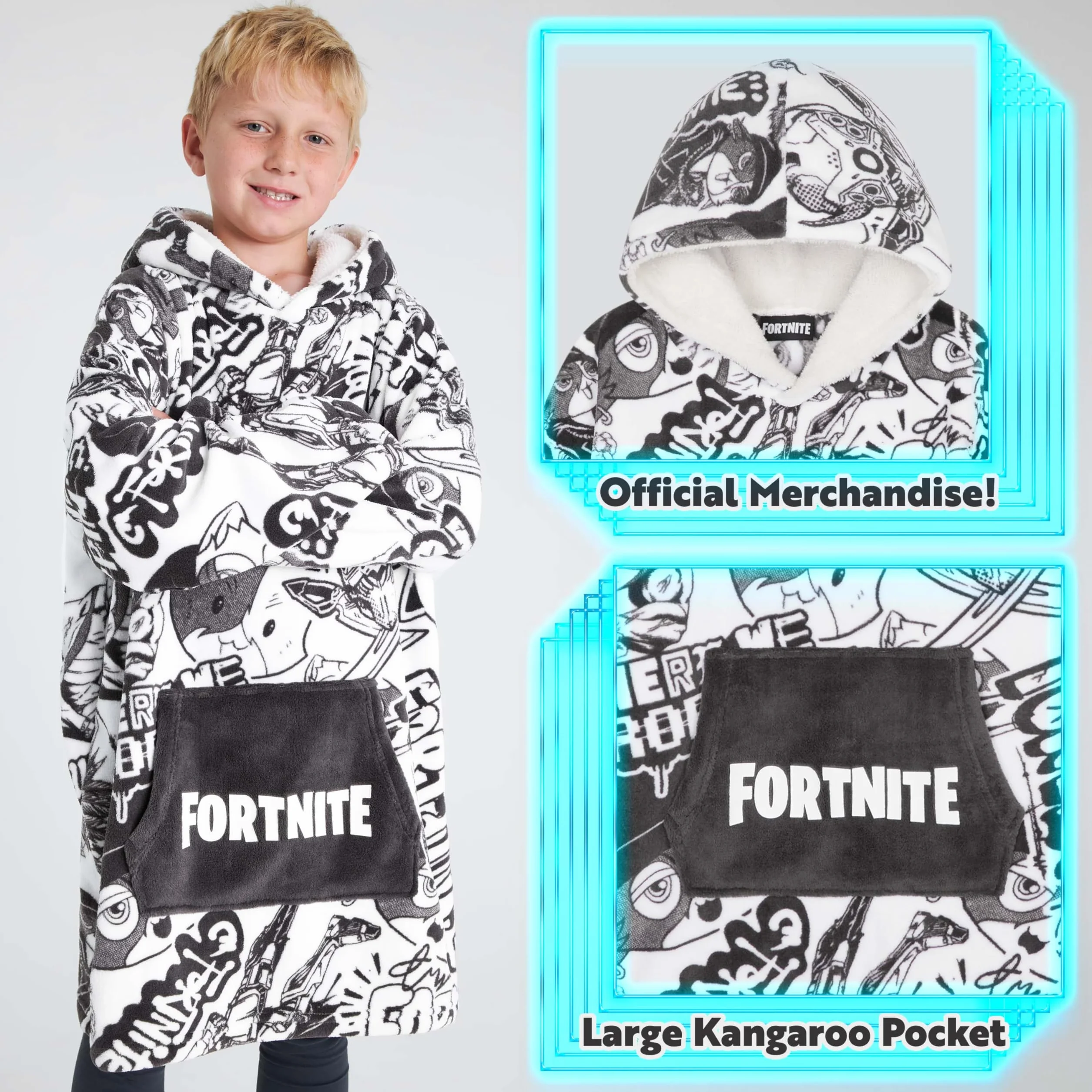 Bluza z kapturem dla dzieci Fortnite, bardzo duży rozmiar, miły koc z rękawami, ciepły polar, bluza dla graczy, przenośny koc z rękawami, szary, jeden rozmiar