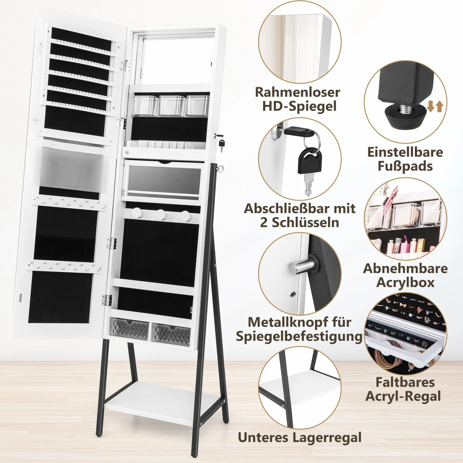 GOPLUS Szafka na biżuterię z lustrem, szafka z lustrem 2 w 1, z regulowanym oświetleniem LED, wolnostojące lusterko na biżuterię z półką, biała