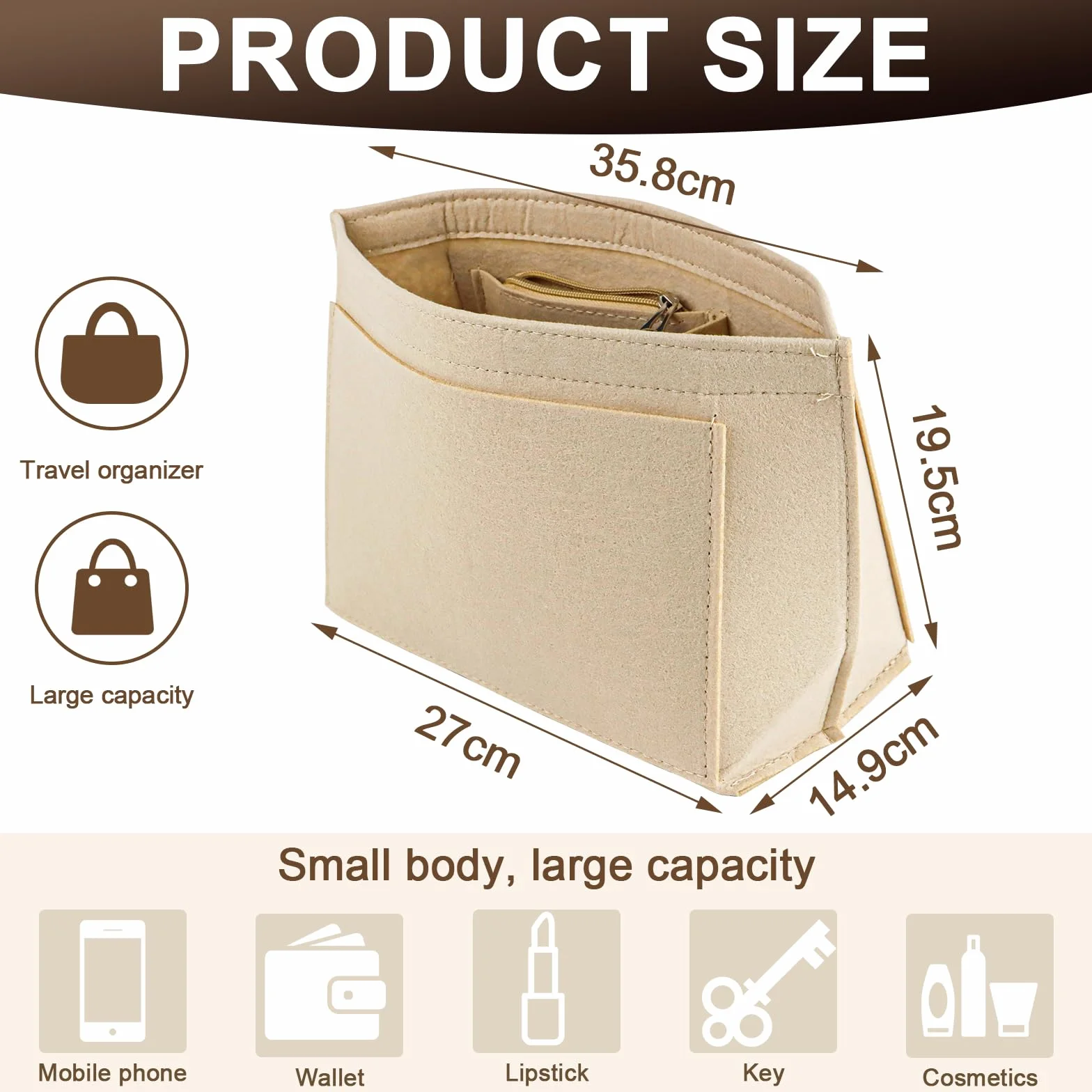 Organizer do torebki damskiej, organizer na torby dla M, filcowy organizer na torebki damskie, wiele kieszeni na torby (beżowy 26 x 20 x 13 cm)
