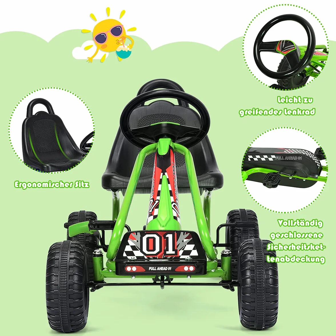 COSTWAY Gokart z regulowanym siedziskiem, gokart z hamulcem ręcznym, obciążenie do 30 kg, pedały Go Cart, pojazd pedałowy, pojazd dla dzieci od 3 lat (zielony)