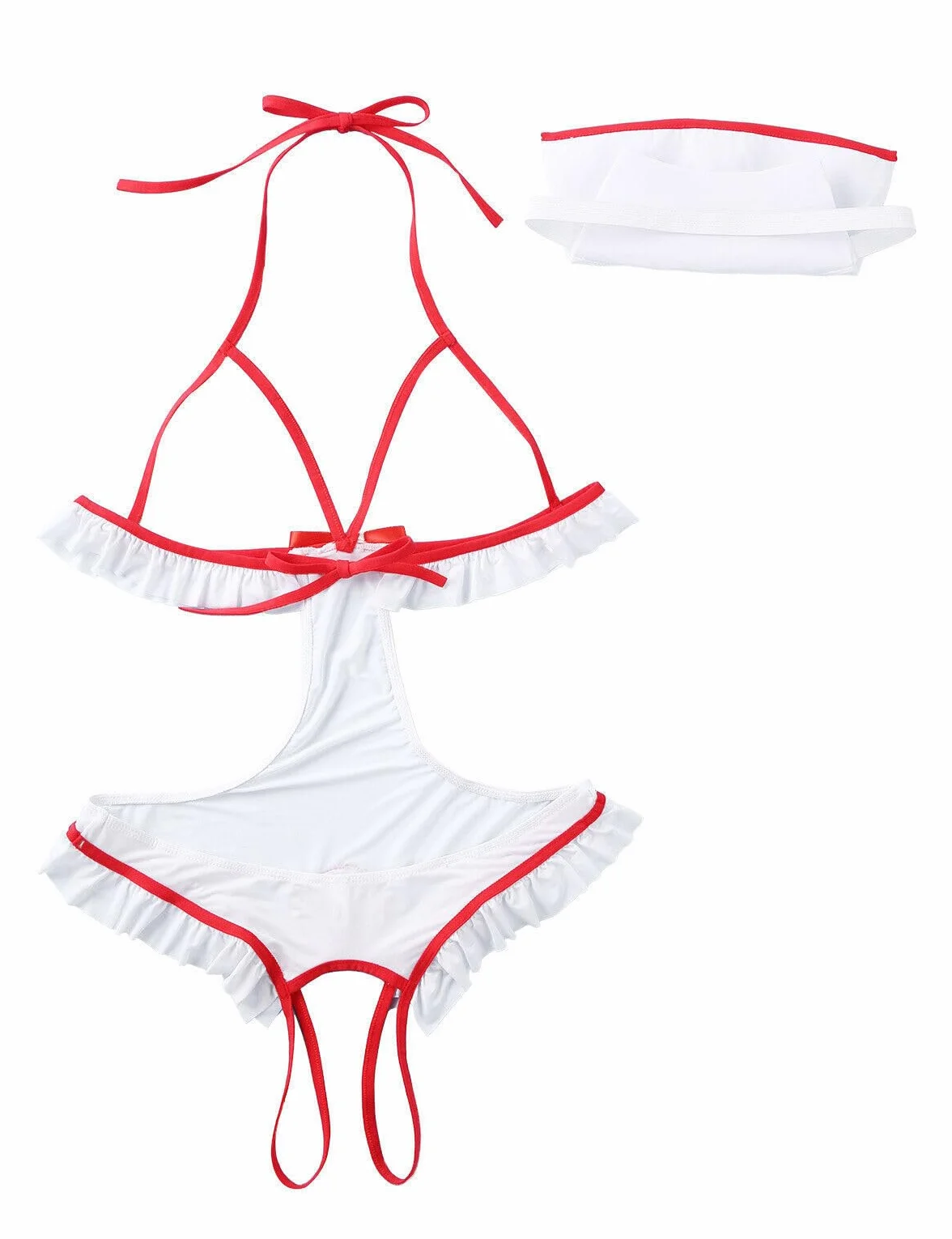 Bommi Fairy Seksowny kostium Babydolls dla kobiet, opaska na czoło + body pielęgniarka, kostium cosplay, 2-częściowy zestaw bielizny dla pielęgniarki, rozmiar S-XL