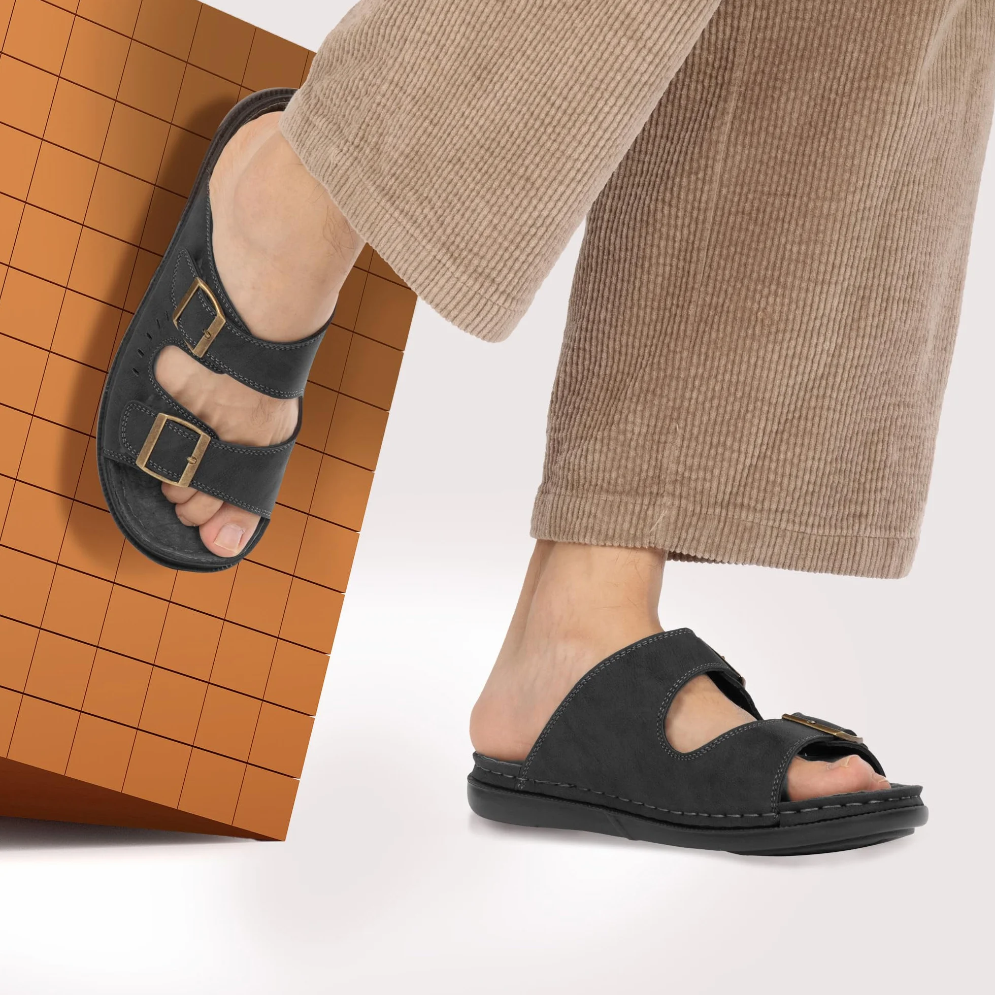 JOMIX Klapki męskie na lato, skórzane, miękkie kapcie z klamrą, buty letnie, wygodne kapcie na plażę