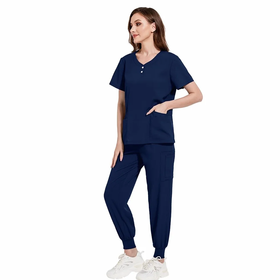 Scrubs dla kobiet zestaw łuk dekolt guzik top rozciągliwe wąskie zwężane nogawki spodnie do joggingu ze sznurkiem szpital salon piękności kombinezony DK52