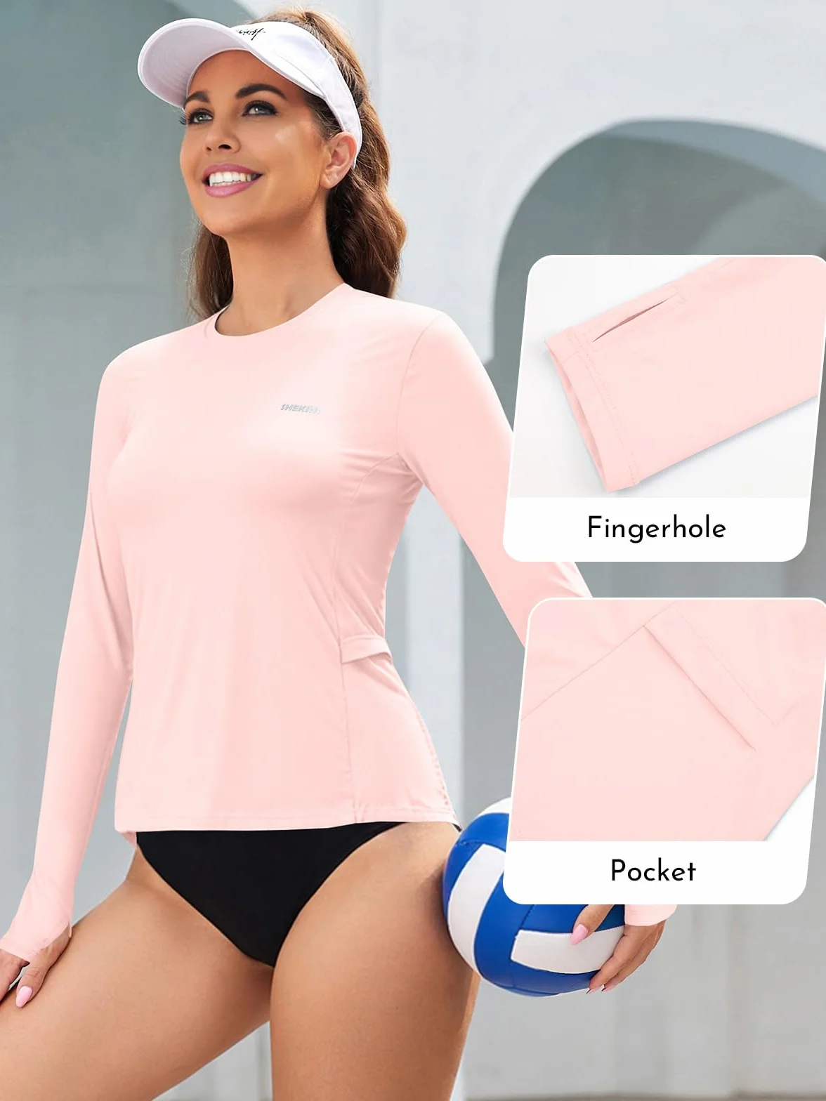 SHEKINI Rash Guard damska koszulka z długim rękawem, ochrona przed słońcem, okrągły dekolt, z kieszenią, ochrona przed promieniowaniem UV, koszulka sportowa, rashguards, moda kąpielowa