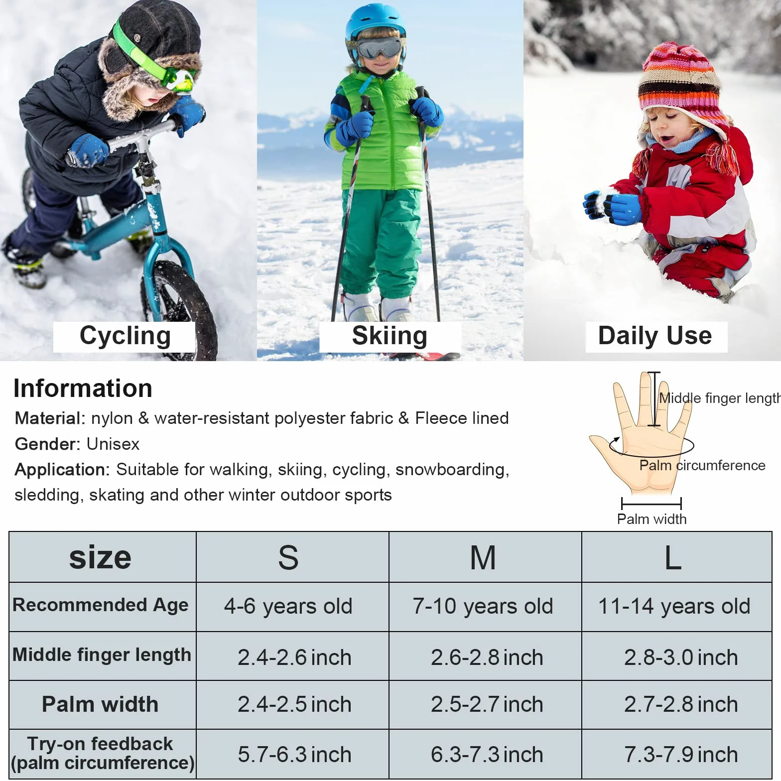QKURT Dziecięce rękawice narciarskie, snowboardowe, rękawice śniegowe, wodoodporne i wiatroszczelne, zimowe rękawiczki dla dziewczynek i chłopców, do jazdy na nartach, snowboardzie, do biegania,