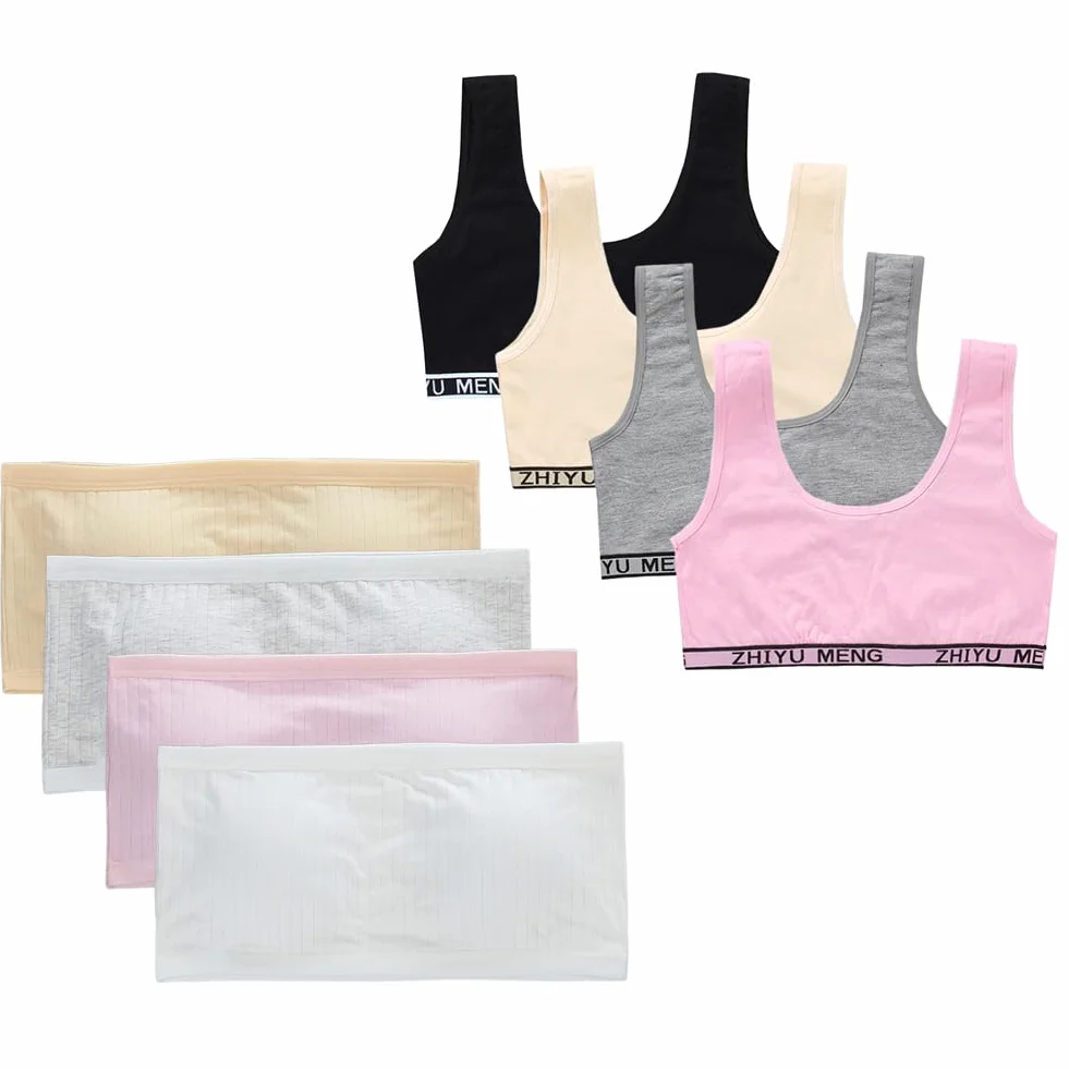8 sztuk biustonoszy bez ramiączek dla dziewczynek, biustonosz typu bandeau, dla dziewcząt, oddychająca bielizna bawełniana, sportowy bandeau z wyjmowanymi wkładkami, wyściełany biustonosz typu bandeau