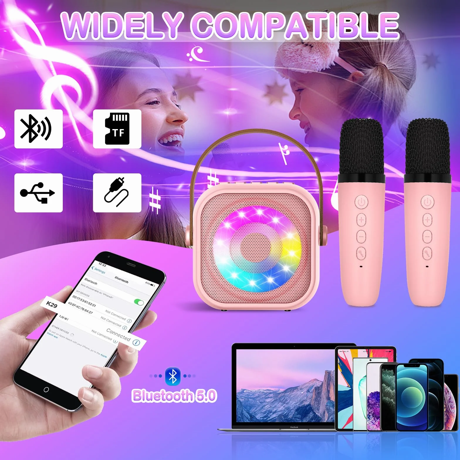 Maszyna do karaoke z 2 bezprzewodowymi mikrofonami, przenośna, Bluetooth, zabawka elektroniczna z efektami świetlnymi LED, prezent dla dzieci w wieku 3-18 lat, dla chłopców, dziewcząt
