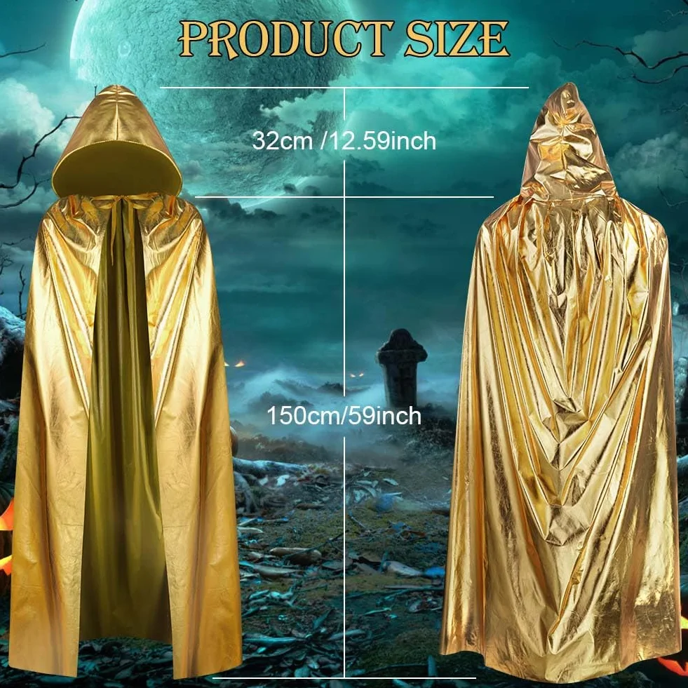 Aomig Peleryna z kapturem dla dorosłych, długa peleryna z kapturem, akcesoria dla czarownic, tajemniczy dodatek cosplay, bajkowy magik, kostium na Halloween, 150 cm, materiał do stemplowania