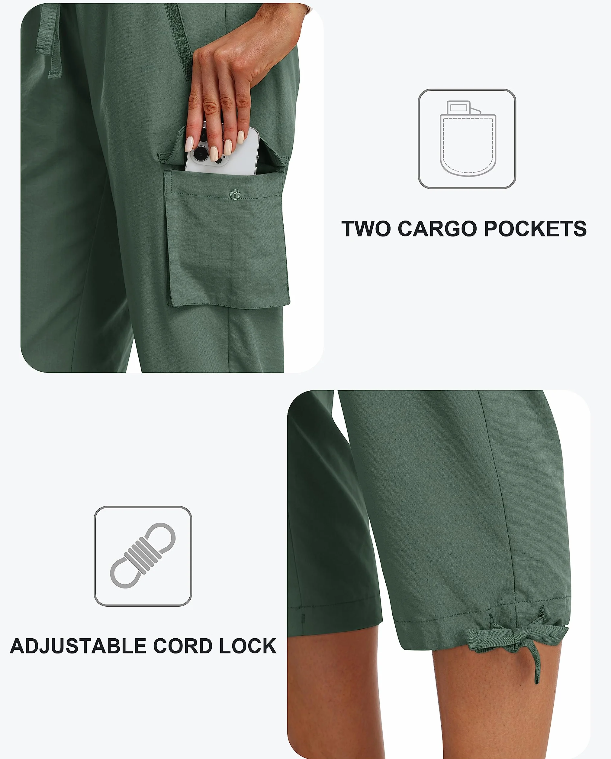 MoFiz Spodnie damskie na lato, spodnie cargo 3/4, długie spodnie Capri, outdoorowe spodnie trekkingowe, oddychające, spodnie rekreacyjne z kieszenią na zamek błyskawiczny