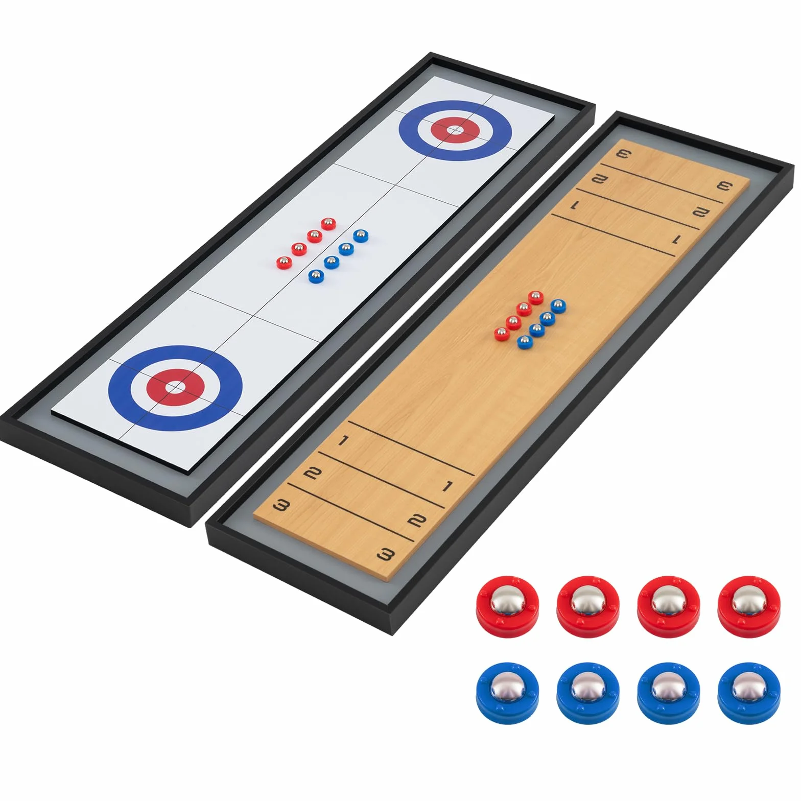 COSTWAY 2 w 1 Shuffleboard & Curling, 114 x 32 cm gra planszowa z 8 krążkami, przenośna deska stołowa, z drewna, gra w kręgle stołowe dla dzieci, dorosłych