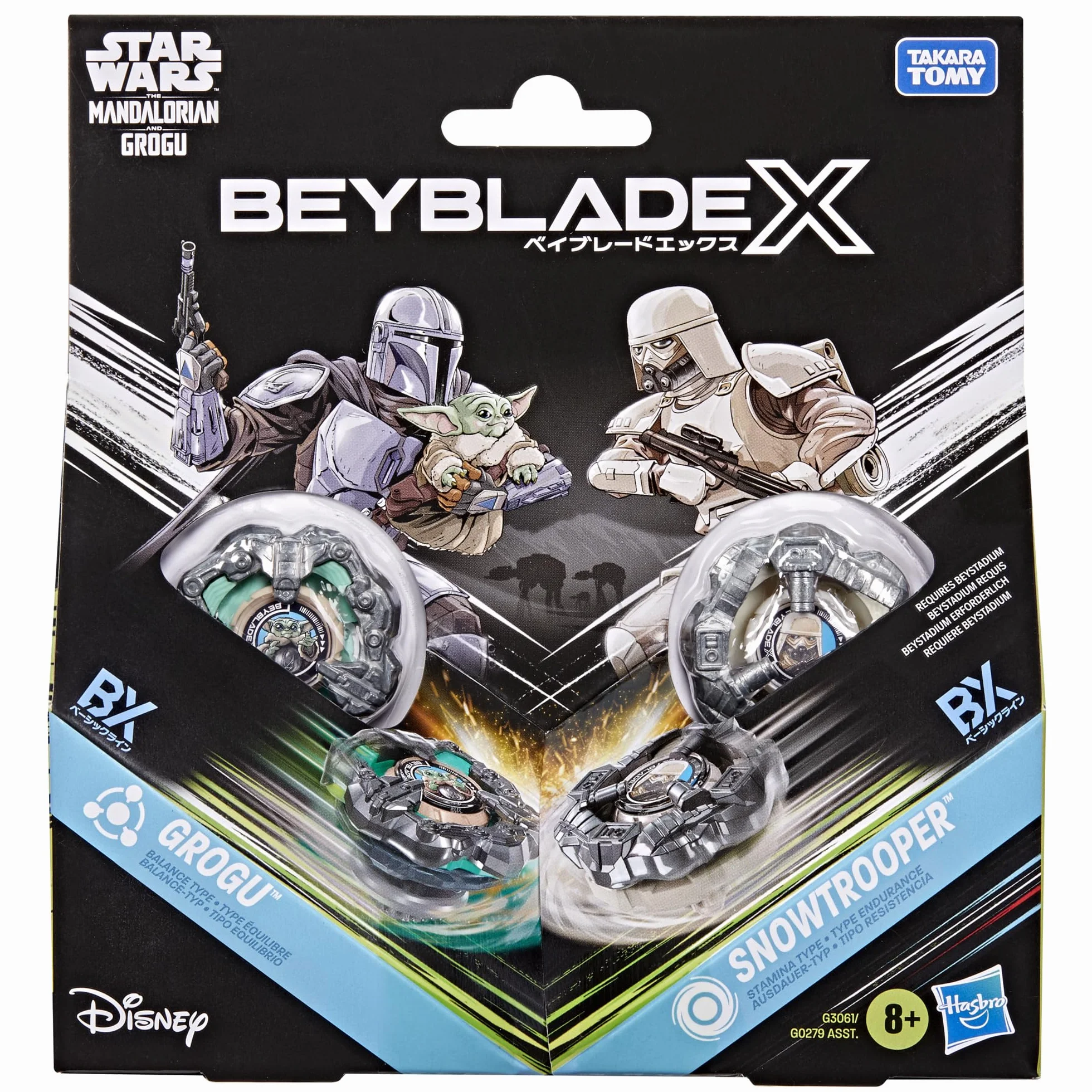 Beyblade X/Gwiezdne wojny Collab Grogu kontra Snowtrooper, 2 zabawkowe bączki Takara Tomy, 2 wyrzutnie, zabawki z Gwiezdnych wojen, wiek: od 8 lat