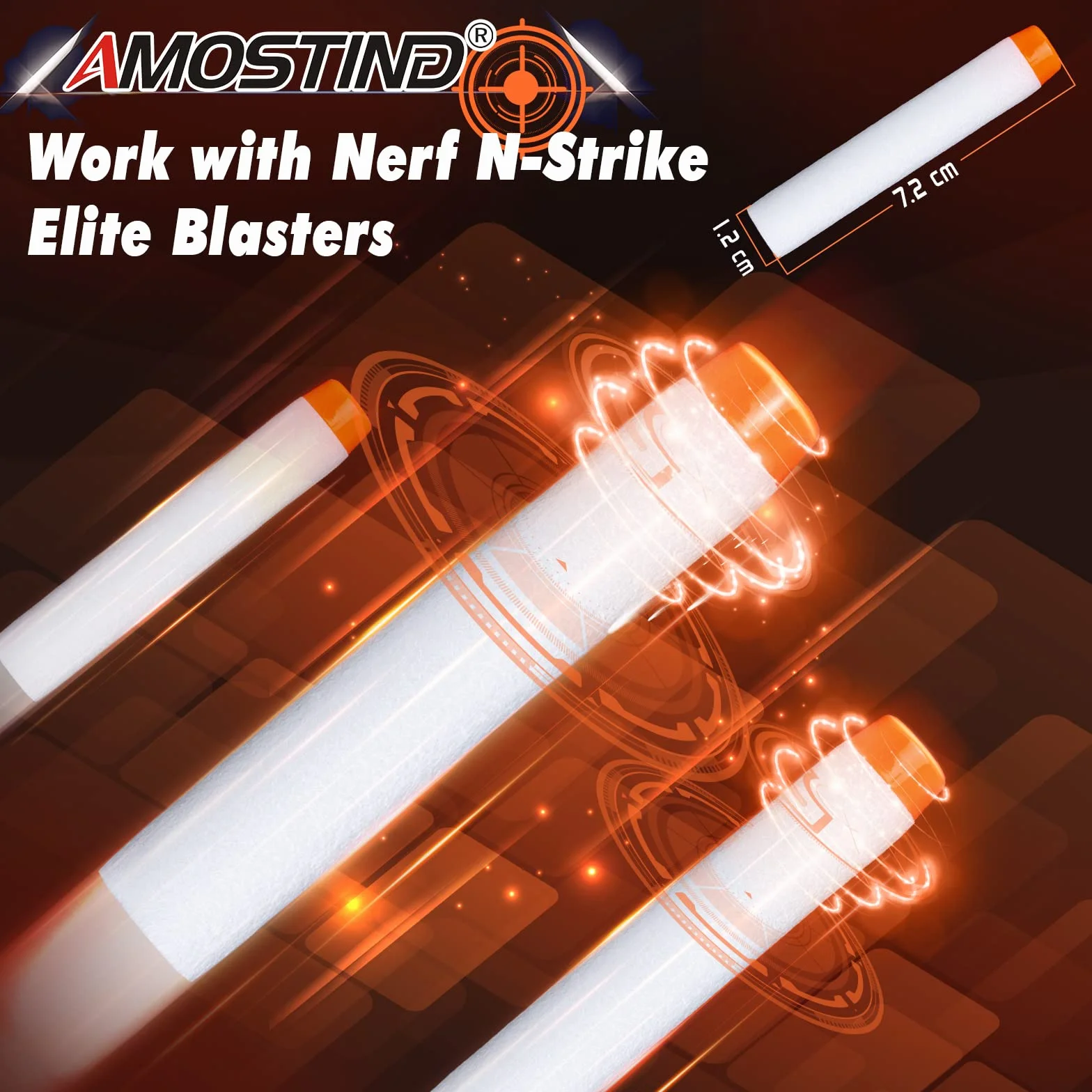 AMOSTING 100 fluorescencyjne rzutki do nerf, 7.2 cm białe naboje piankowe amunicja piankowa do N-Modulus Fortnite Elite Strike Blasters Series z torbą na zabawki