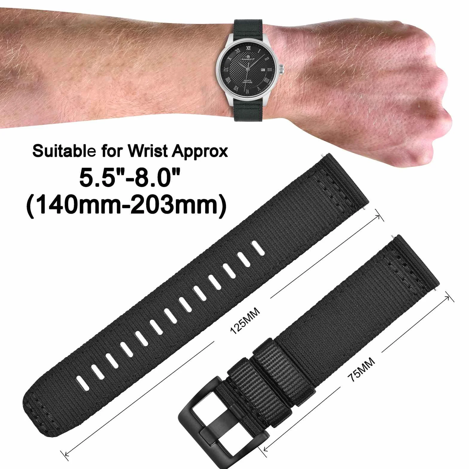ANNEFIT Nylonowy pasek do zegarka dla mężczyzn, 18 mm, 19 mm, 20 mm, 22 mm, 24 mm, szybkie odpinanie, wojskowy pasek do zegarka z wytrzymałą klamrą ze stali nierdzewnej