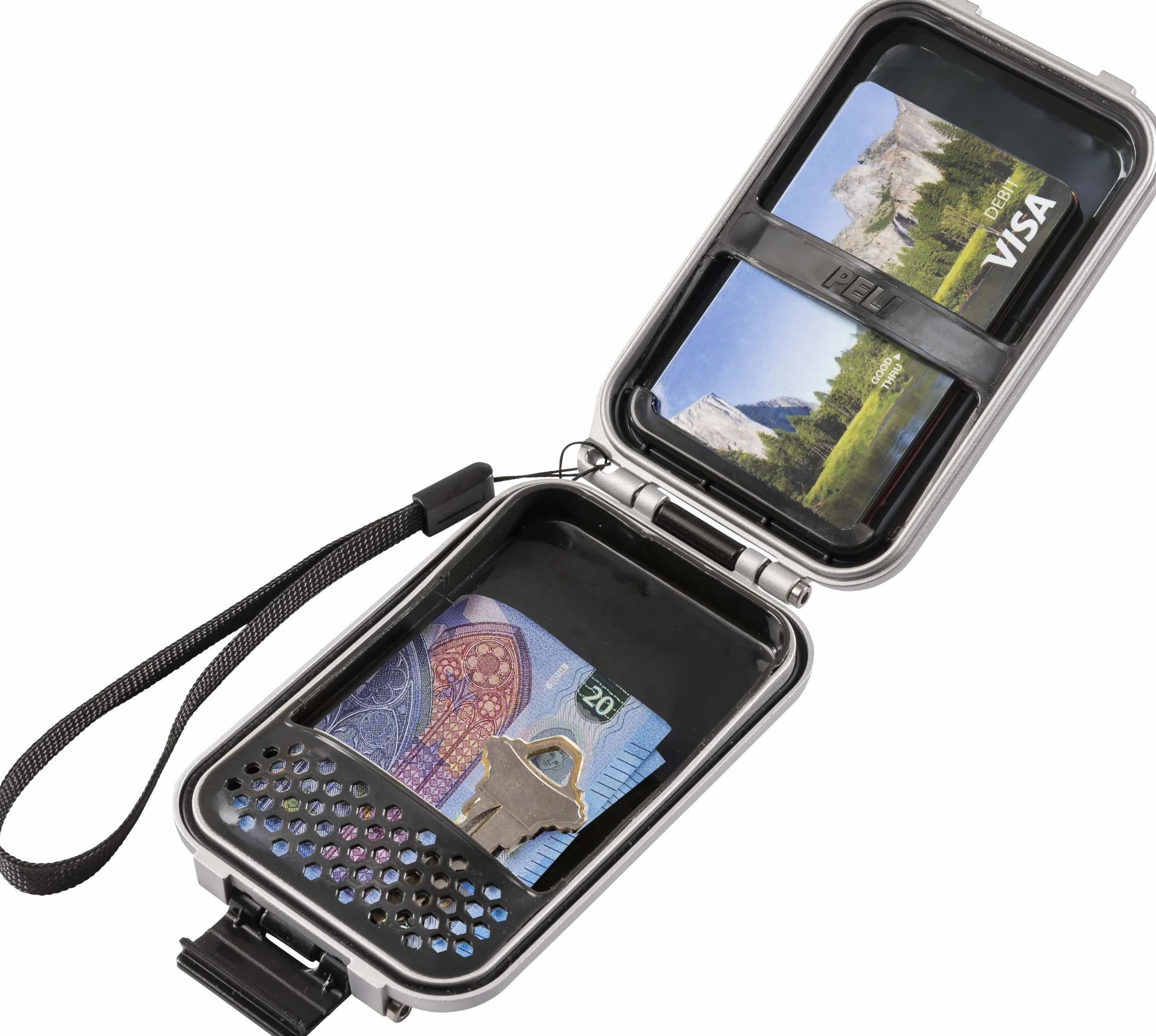PELI Portfel z polem RF G5, anty-RFID, z ochroną przed hakowaniem i standardem wodoszczelności IP67, wyprodukowano w USA, Kolor: Srebrny