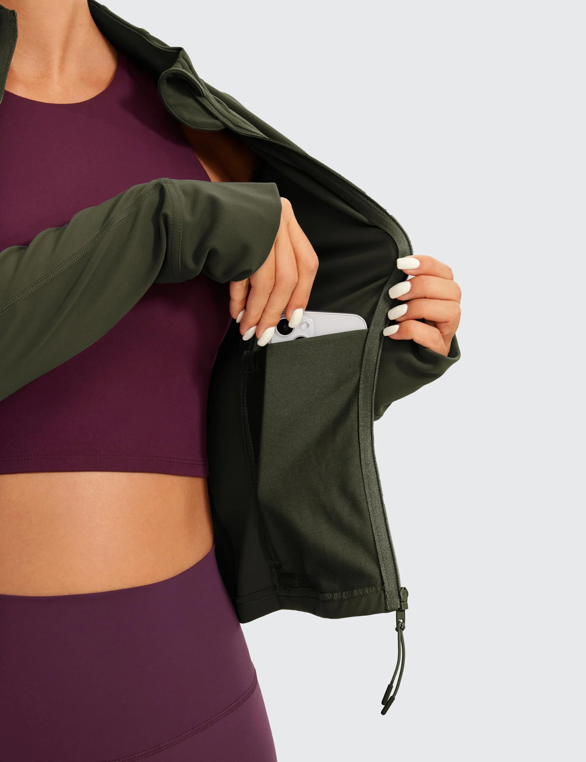 CRZ YOGA Butterluxe Damska krótka dopasowana kurtka treningowa nieważka sportowa zapinana na suwak z otworami na kciuki