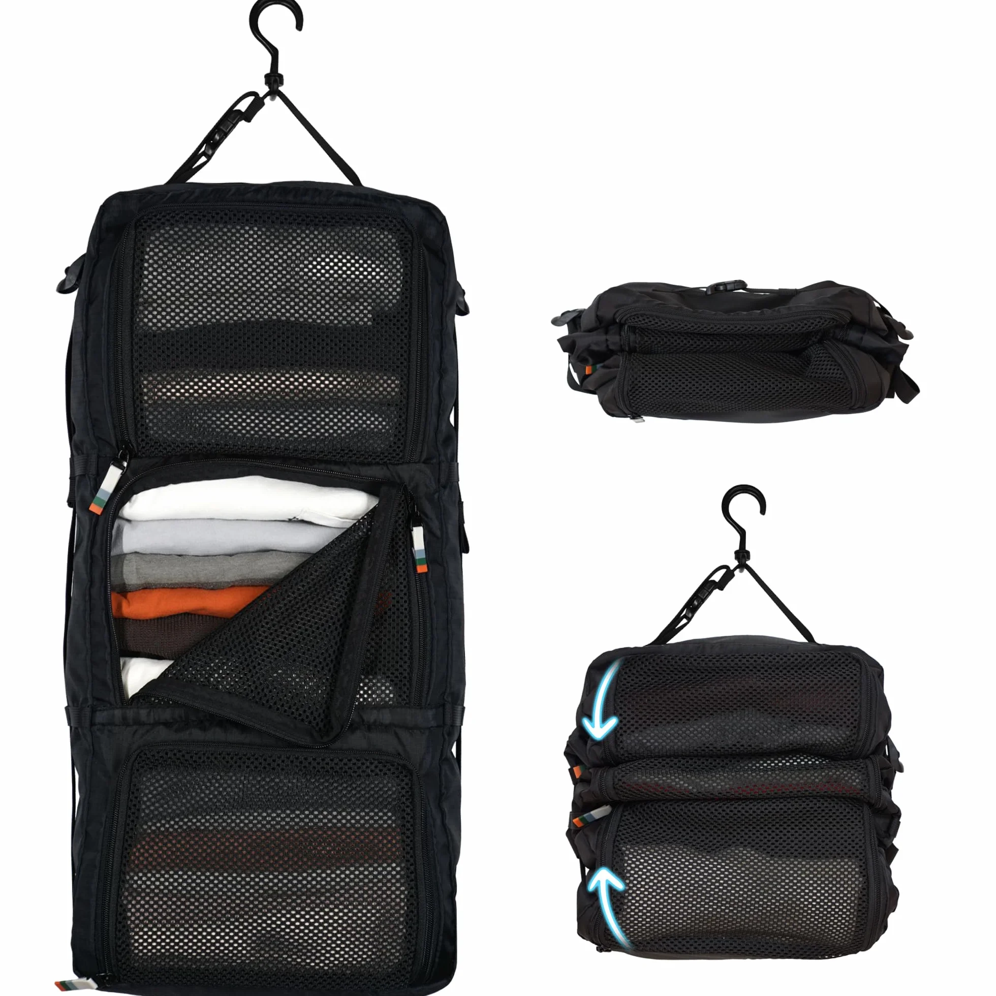 TRAVEL DUDE Wiszący organizer kompresyjny do walizki, zestaw kostek kompresyjnych z haczykiem, oszczędność miejsca, ultralekki organizer podróżny na ubrania do plecaka lub bagażu podręcznego (Czarnym)