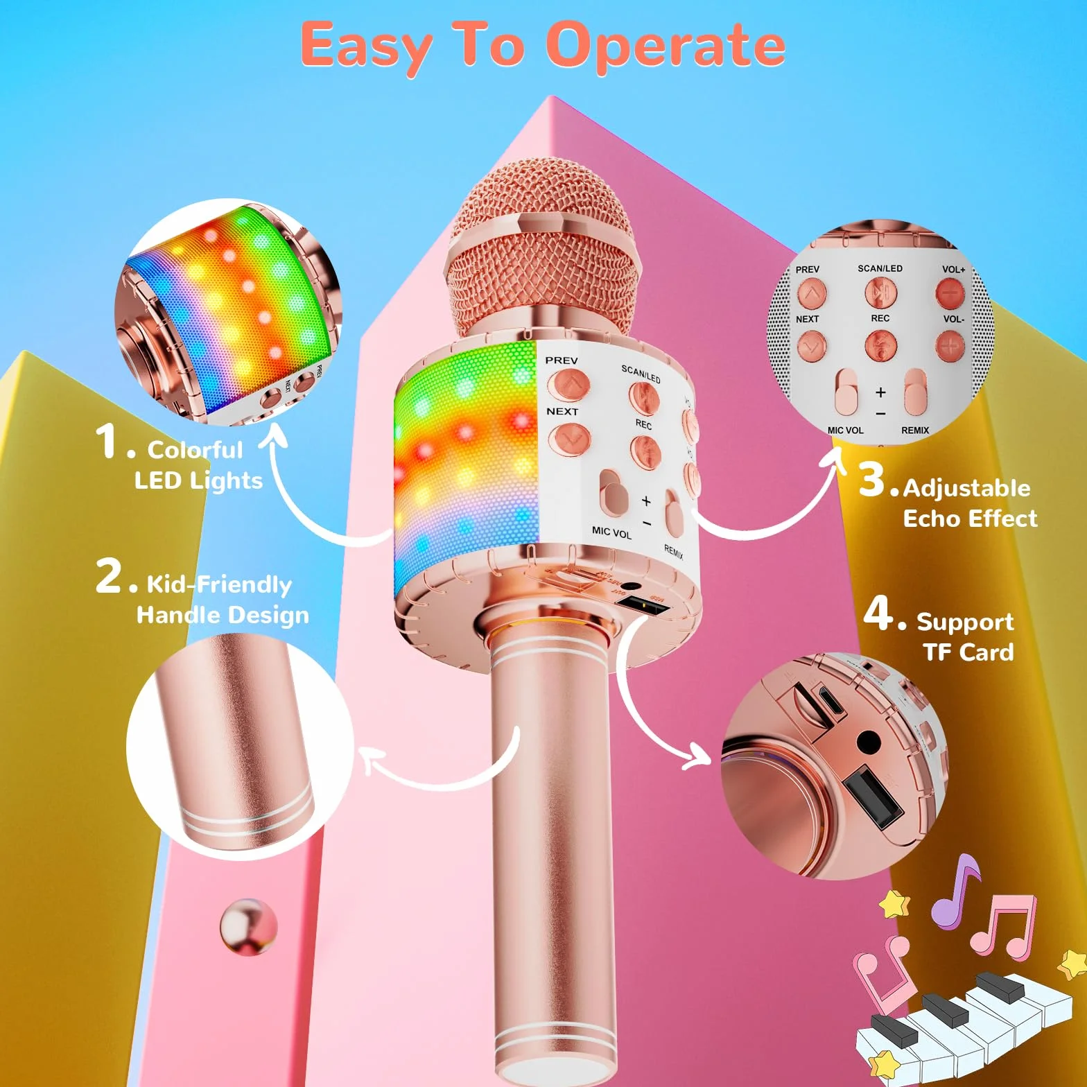 Ankuka Bezprzewodowy mikrofon do karaoke, 4 w 1, ręczny mikrofon Bluetooth, głośnik, maszyna do karaoke z tańczącymi światłami LED, domowy odtwarzacz KTV kompatybilny z urządzeniami z systemem Android