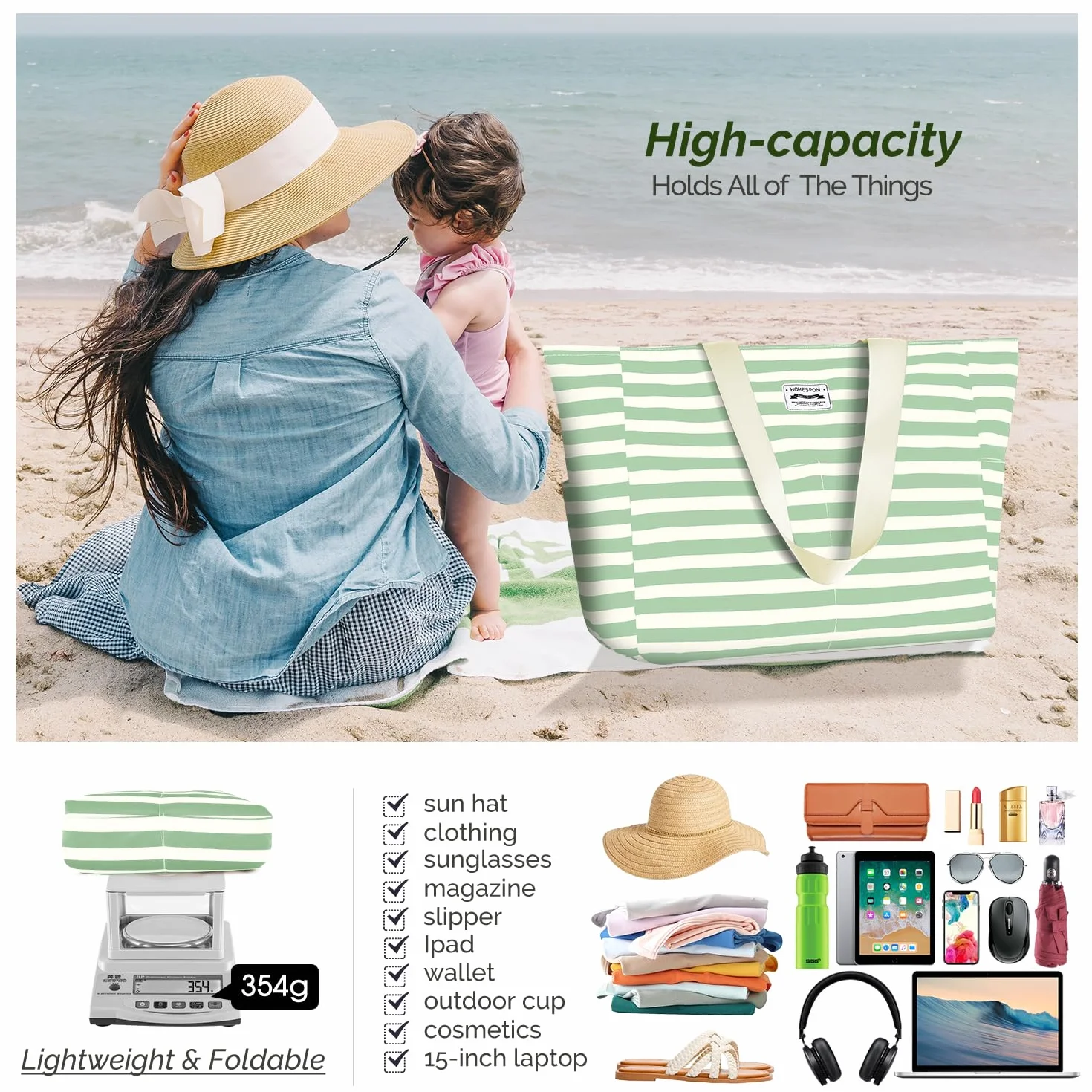 HOMESPON Duża torba plażowa damska z zamkiem błyskawicznym, wodoszczelna torba kąpielowa, XXL, rodzinna torba plażowa, Biały i zielony w paski, 45 x 17 x 38 cm, Współczesny