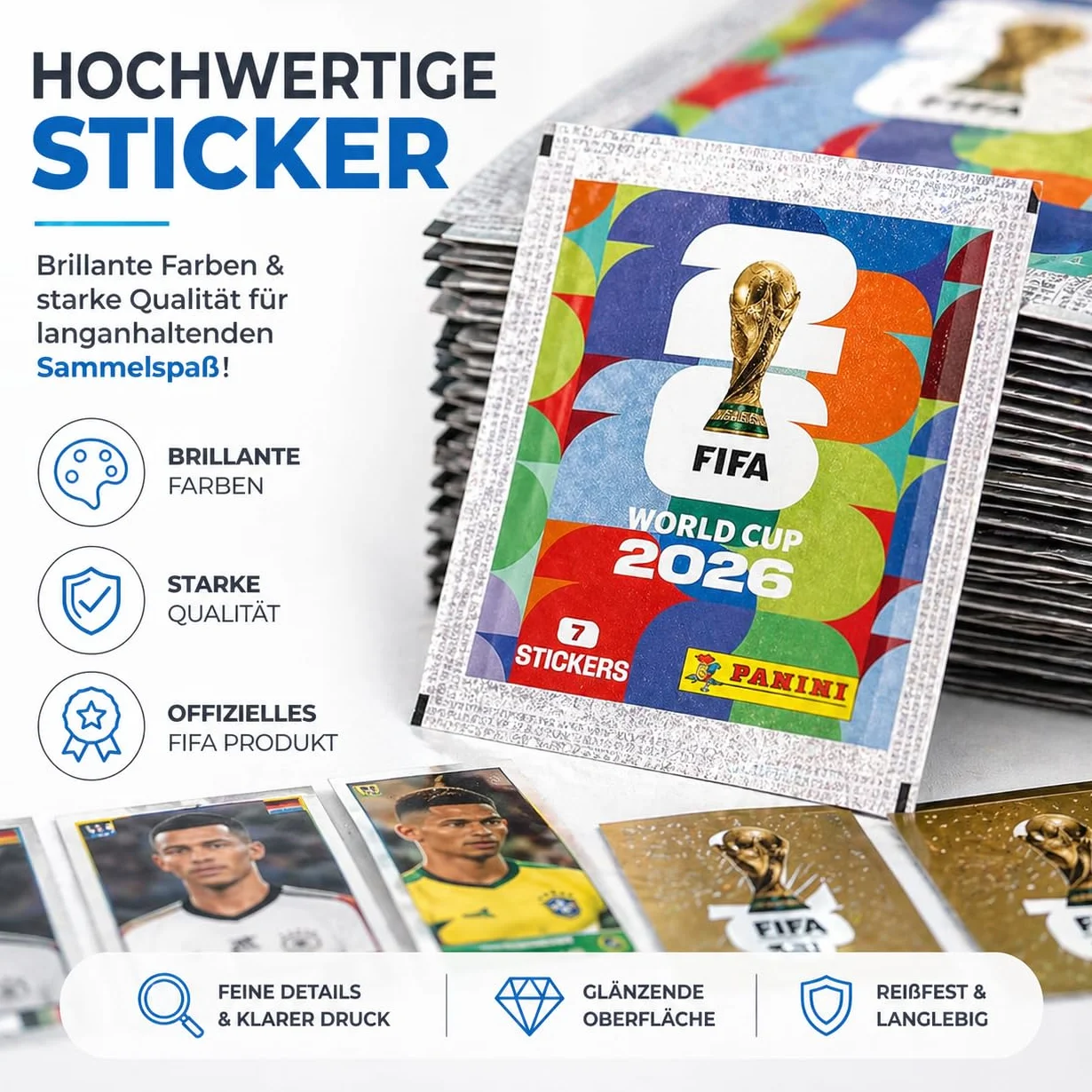 Panini WM 2026 zestaw naklejek i albumów – Mistrzostwa Świata 2026 – piłka nożna – z łańcuszkiem z kwiatów – album – plan meczów (1 torba/13 naklejek)