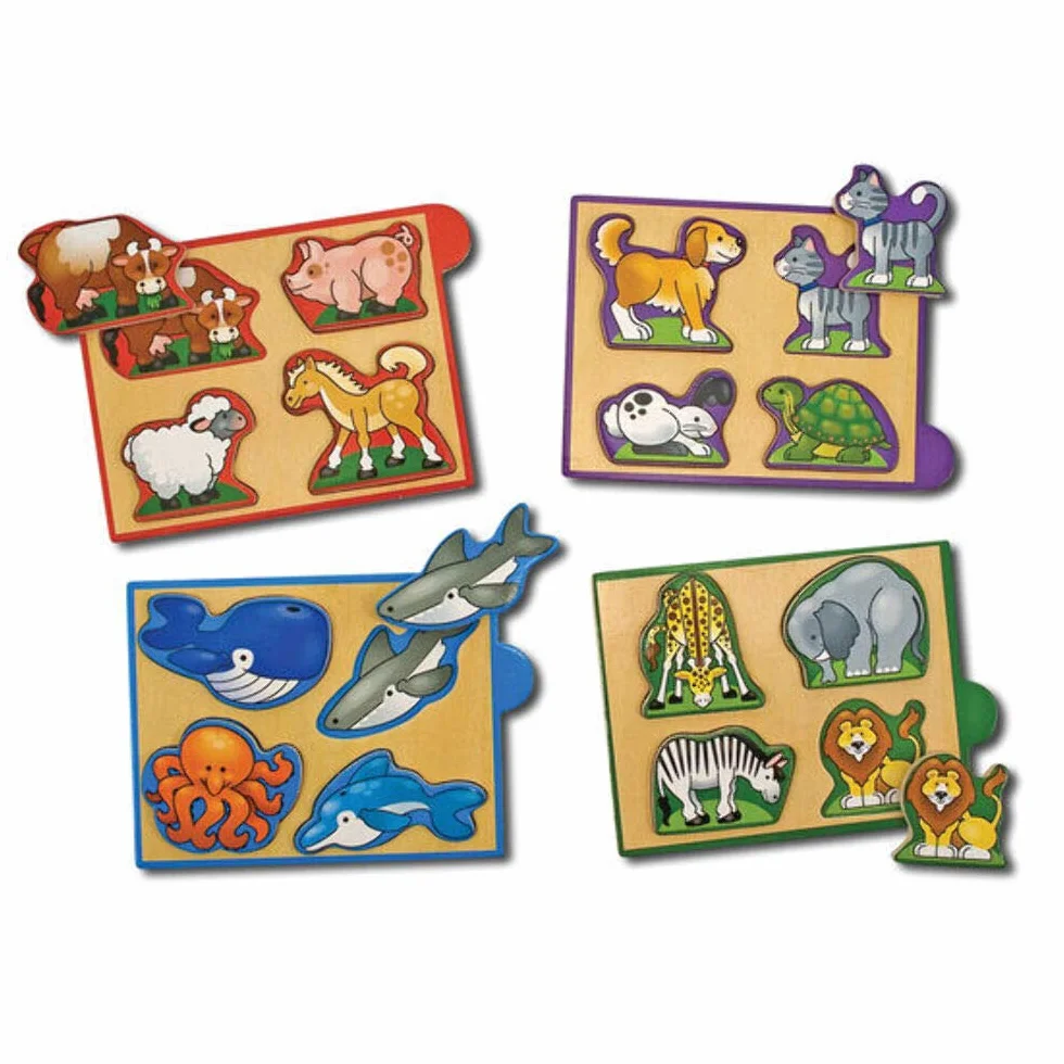 Melissa & Doug – zestaw drewnianych miniukładanek ze zwierzętami (cztery czteroelementowe układanki i pudełko do przechowywania)