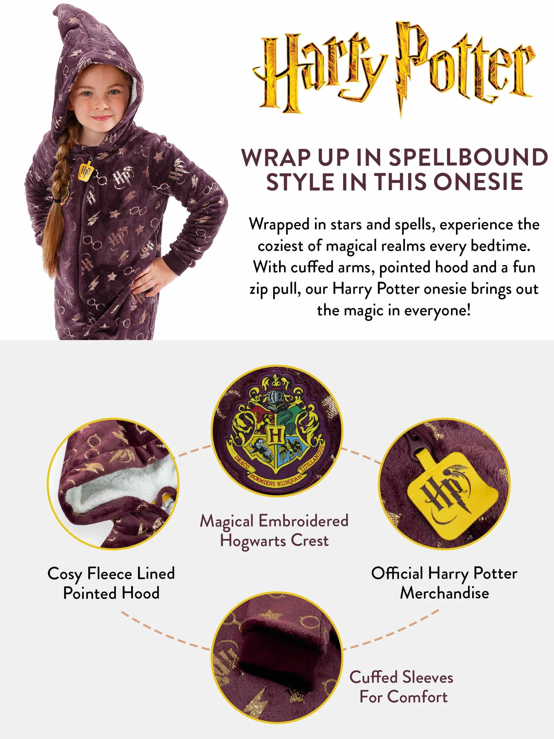 Onesie Harry Potter dla dziewczynek | Onesie dla dziewcząt z Hogwartu | Piżamy Gryffindor dla dziewczynek | 5 do 13 lat | Oficjalny towar