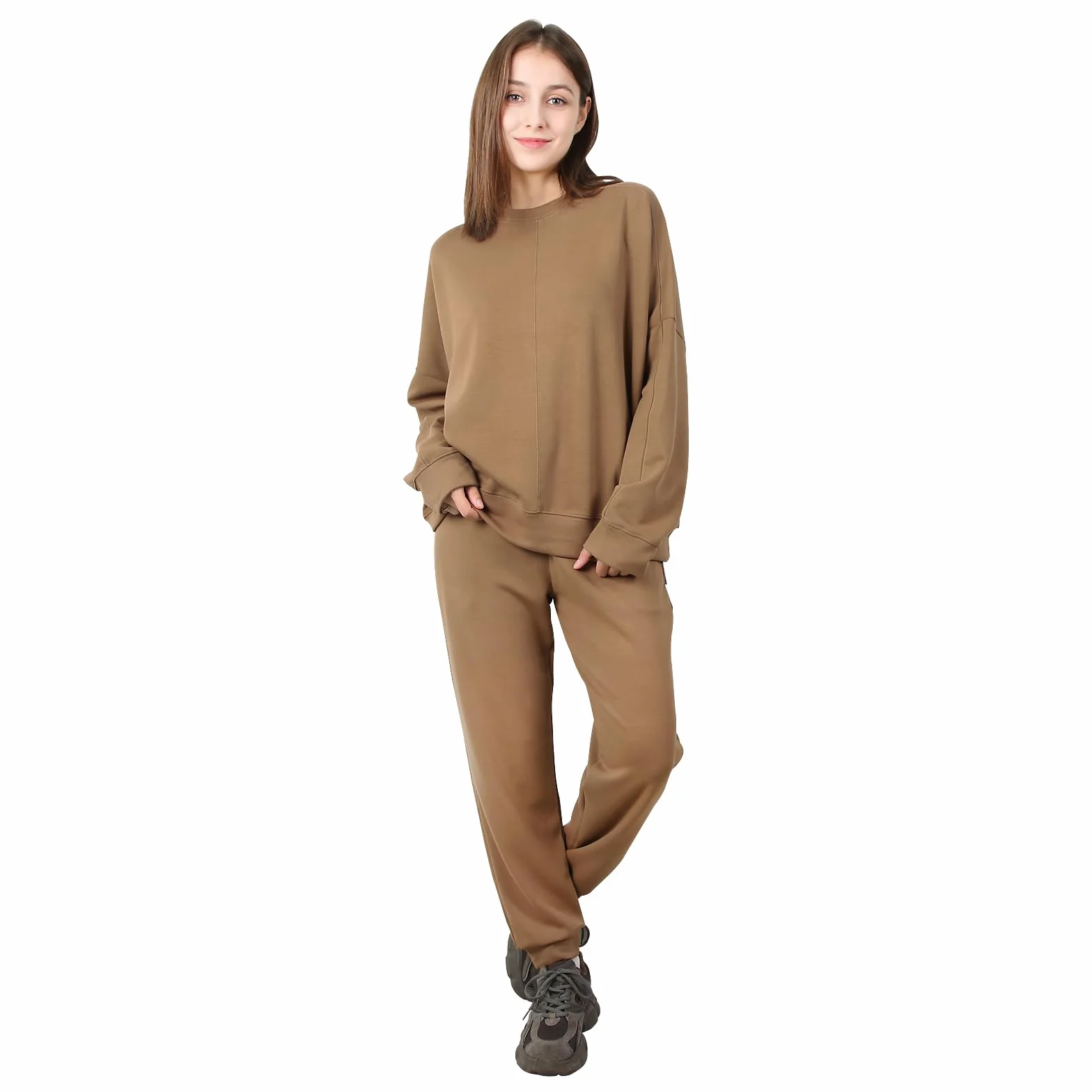 Damski dres treningowy z okrągłym dekoltem, dres do biegania z długimi rękawami, jednokolorowy, miękki, dwuczęściowy zestaw odzieży sportowej