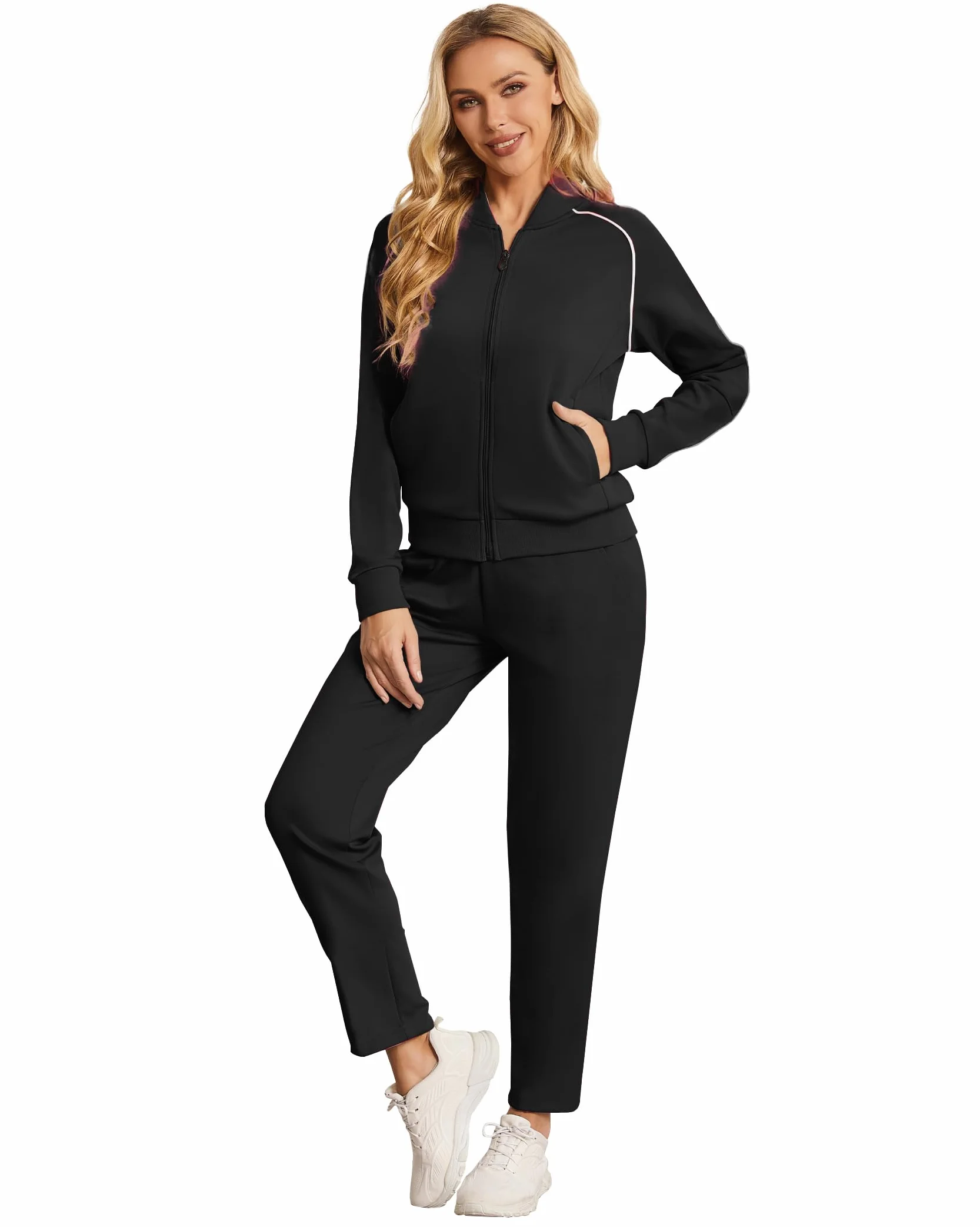 Dres do joggingu, damski zestaw, długi dres treningowy, dwuczęściowy, damski dres rekreacyjny, długi rękaw, zamek błyskawiczny