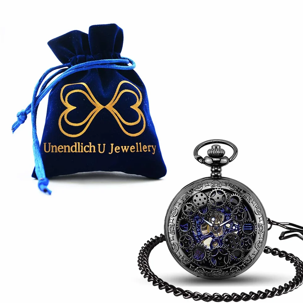 Unendlich U Męski zegarek kieszonkowy z cyframi rzymskimi, z łańcuszkiem, analogowy, ręcznie nakręcany, uniseks, retro, steampunk, mechaniczny, zegarek na łańcuszku, czarny