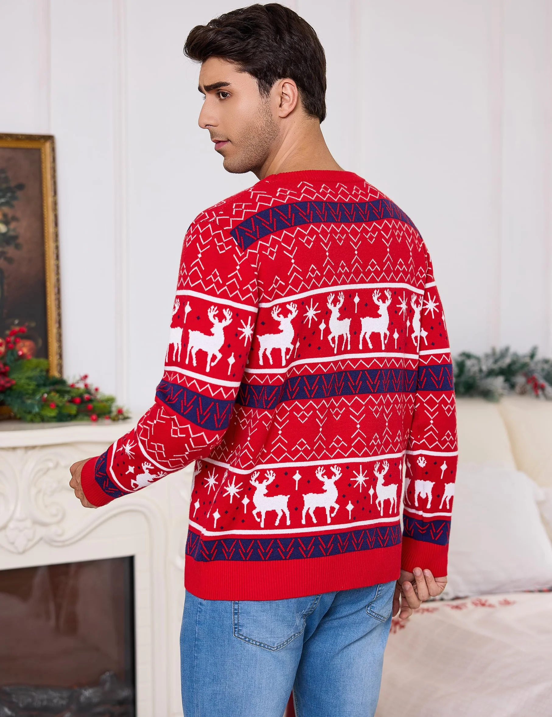 Litherday Świąteczny sweter męski zabawny renifer świąteczny nadruk oryginalny męski sweter świąteczny na zimowe imprezy S-XXL