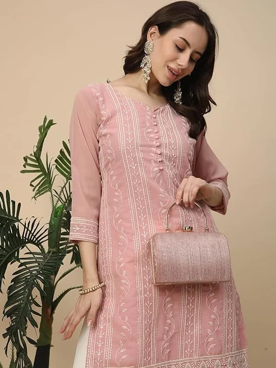 Damska Georgette Anarkali Lucknowi Chikankari Etniczna odzież Kurta Straight Kurti Kurta Tunika Sukienka