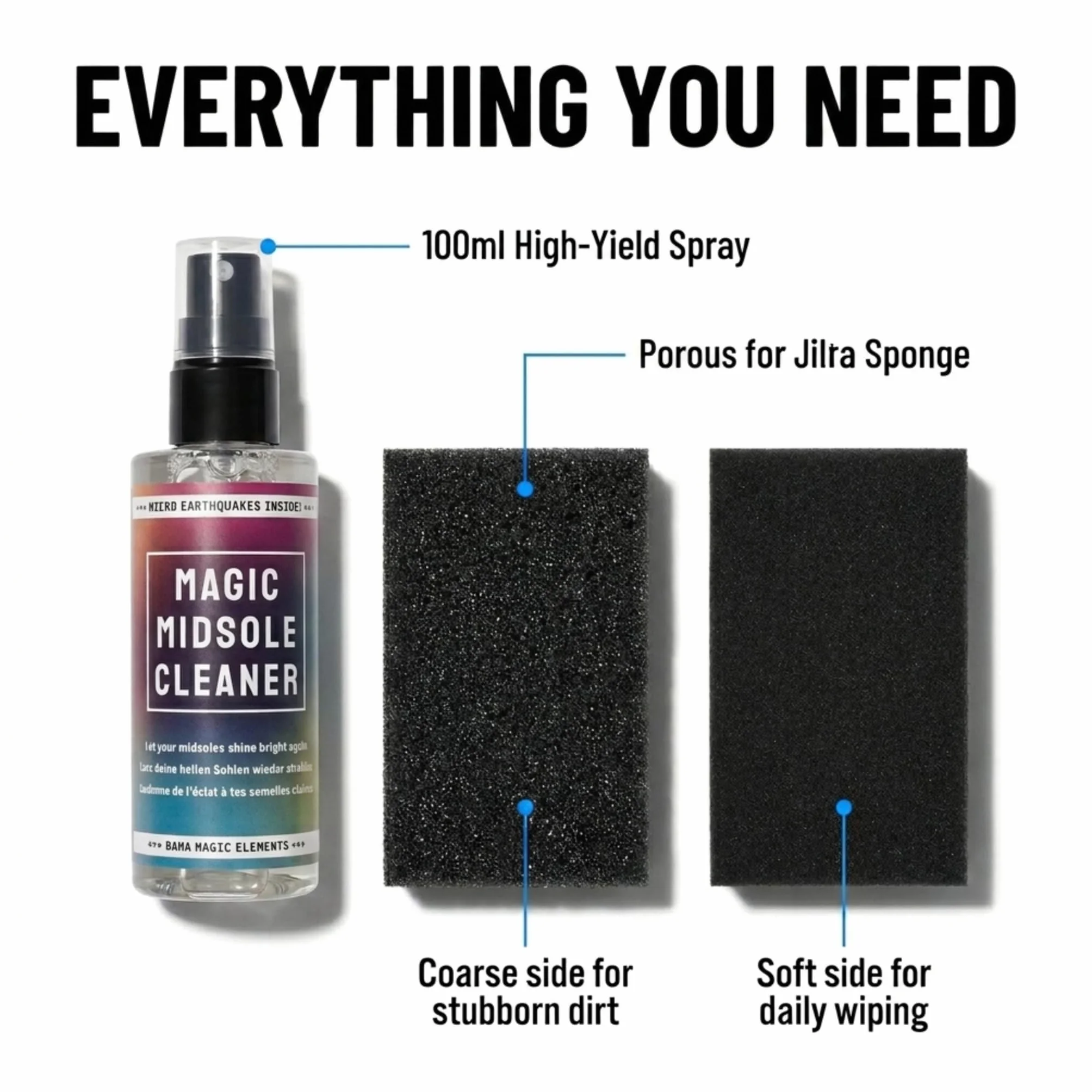 Bama Magic Cleaner Kit do czyszczenia butów, spray do czyszczenia podeszwy, biodegradowalny środek do czyszczenia sneakersów, 100 ml + gąbka, przezroczysty, jeden rozmiar