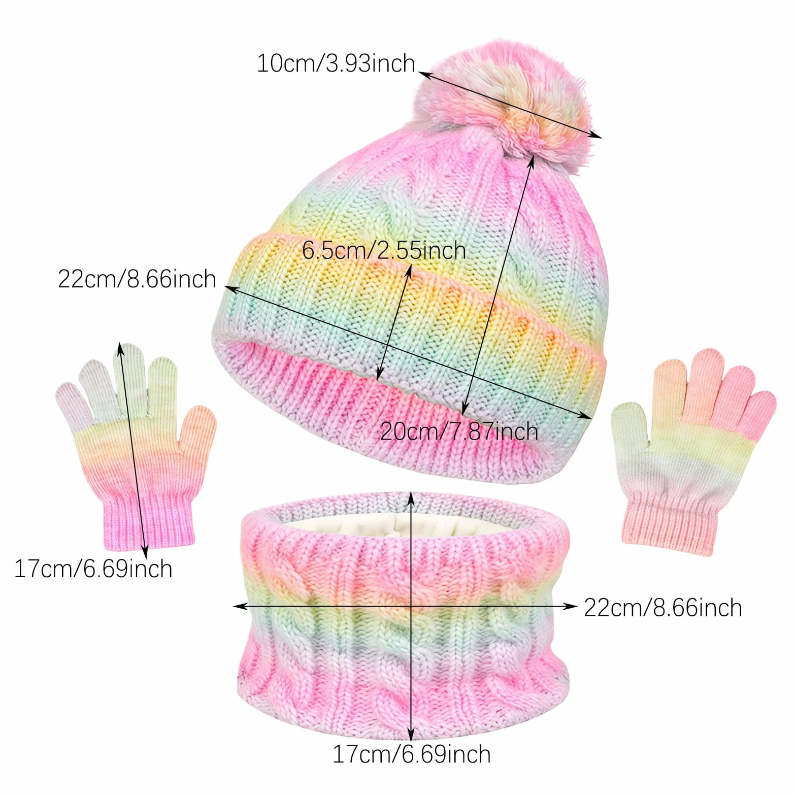 GWAWG Dziecięca czapka zimowa, szalik, rękawiczki, zestaw 3 w 1, czapka z dzianiny z pomponem, ciepły okrągły szal i rękawiczki, dla chłopców i dziewczynek w wieku 3-10 lat, miękka podszewka polarowa