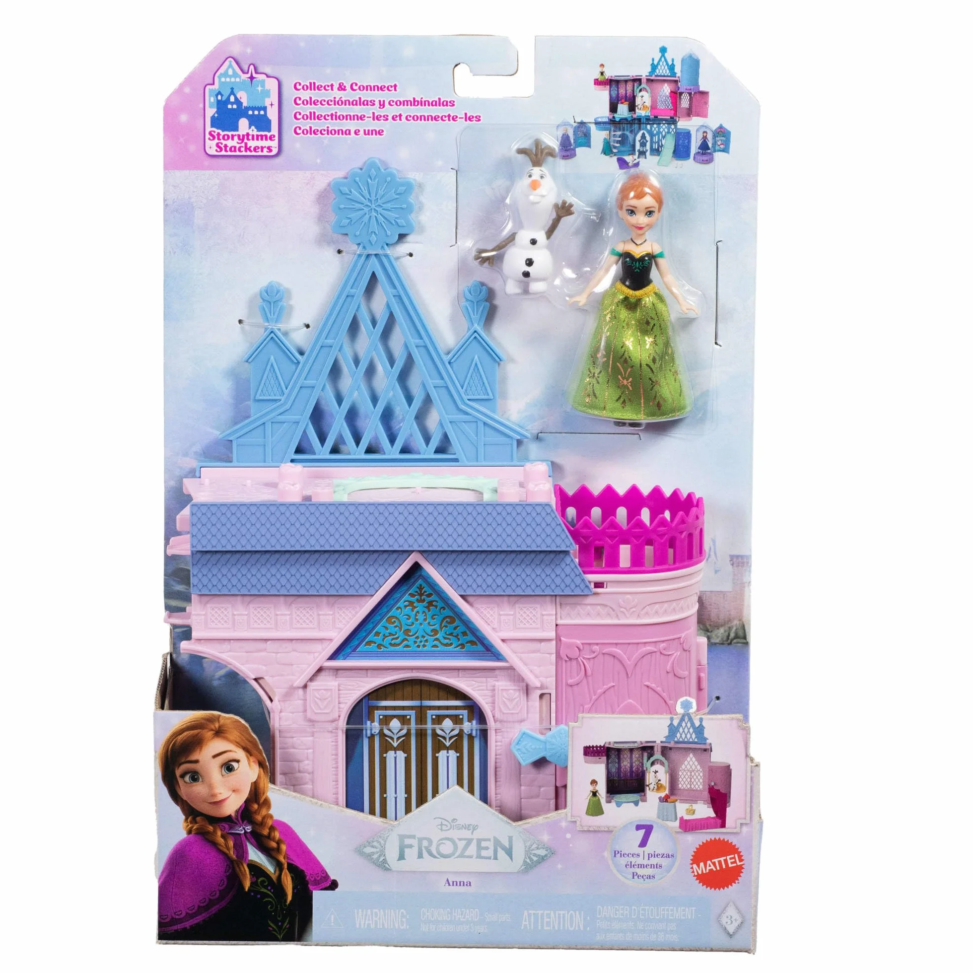 Mattel Disney Kraina Lodu w Arendelle Castle Anna Arendelle zestaw modułowy z mini lalką z postacią Olaf i 7 akcesoriami, zabawka dla dzieci w wieku 3+ lat, nowa odmiana, JDP65