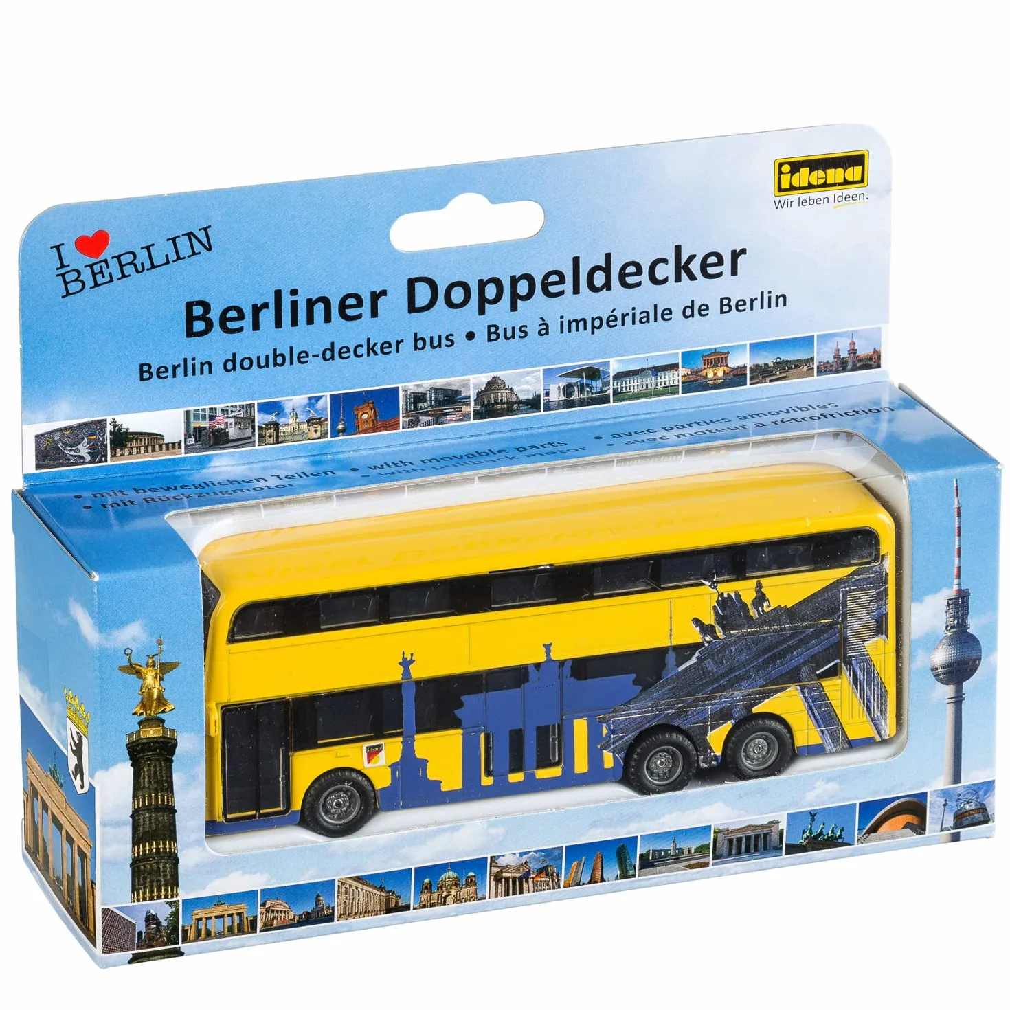 Idena 40107 - model autobusu berlińskiego dwupokładowego, z silnikiem cofania, ok. 18,5 x 13,5 x 4,5 cm, żółty, jako zabawka, typowy pamiątka lub popularny przedmiot kolekcjonerski