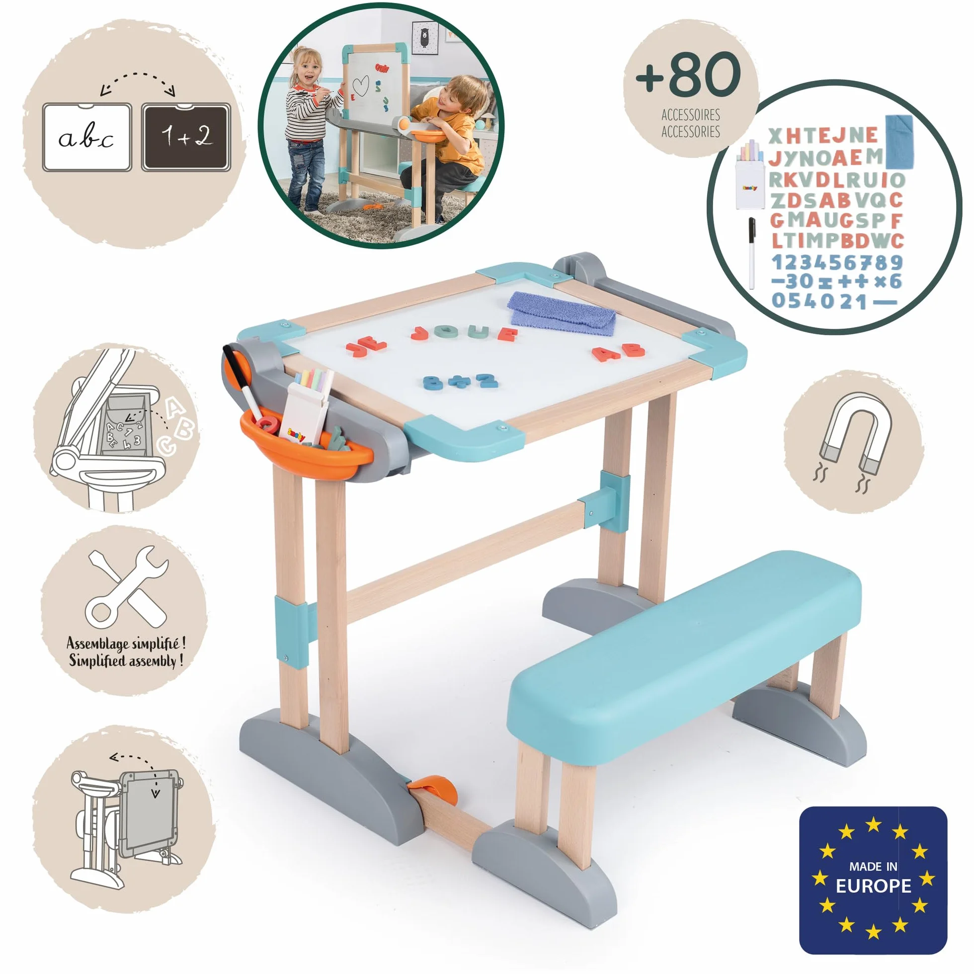 Smoby - Biurko Modulo Space - Możliwość przekształcenia w dwustronną tablicę - Drewno i plastik - Składane i kompaktowe - W zestawie 80 akcesoriów - Od 3 lat