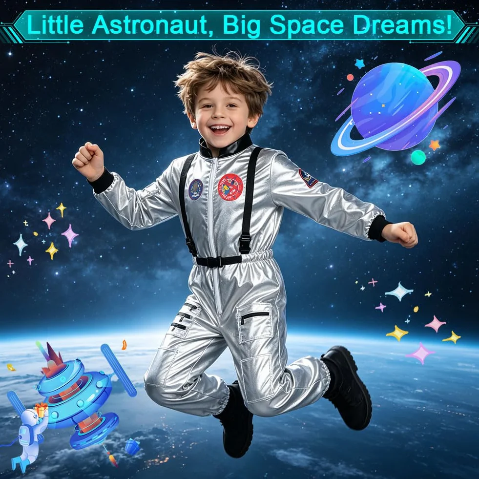 AUYAO Kostium dla dzieci unisex astronauta, dziecięcy srebrny kostium astronauta, kostium kosmiczny dla chłopców i dziewcząt na karnawał Halloween Boże Narodzenie Cosplay (3-12 lat)