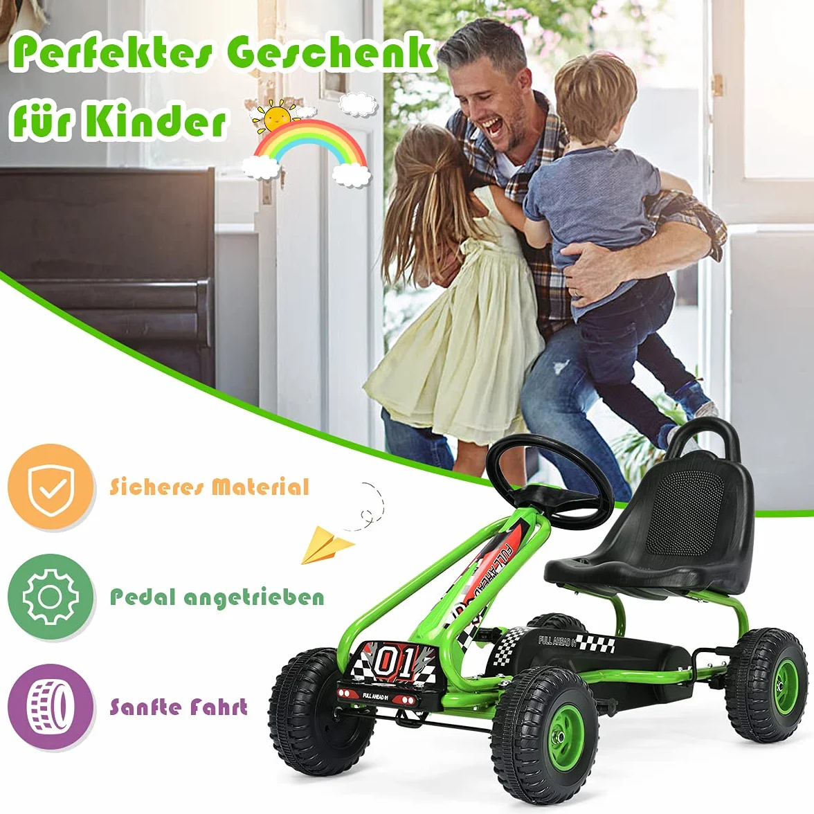 COSTWAY Gokart z regulowanym siedziskiem, gokart z hamulcem ręcznym, obciążenie do 30 kg, pedały Go Cart, pojazd pedałowy, pojazd dla dzieci od 3 lat (zielony)
