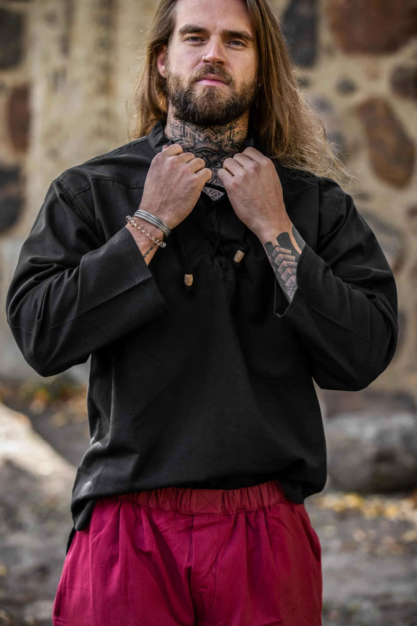Leonardo Carbone® Średniowieczna koszula Ansbert - średniowieczna odzież, średniowieczna koszula męska, odzież LARP, strój festiwalowy, kostium karnawałowy, koszule rekreacyjne z długim rękawem - 100%