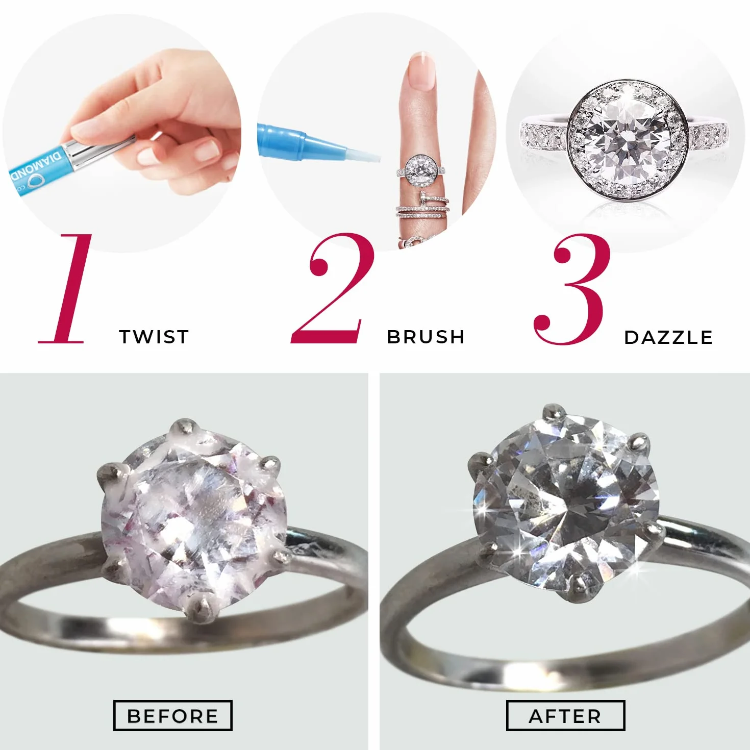 Connoisseurs Środek do czyszczenia biżuterii Diamond Dazzle Stik, środek czyszczący do biżuterii Sparkle & Shine, końcówka pędzla i kompaktowy do diamentów i kamieni szlachetnych (diamentowy sztyft