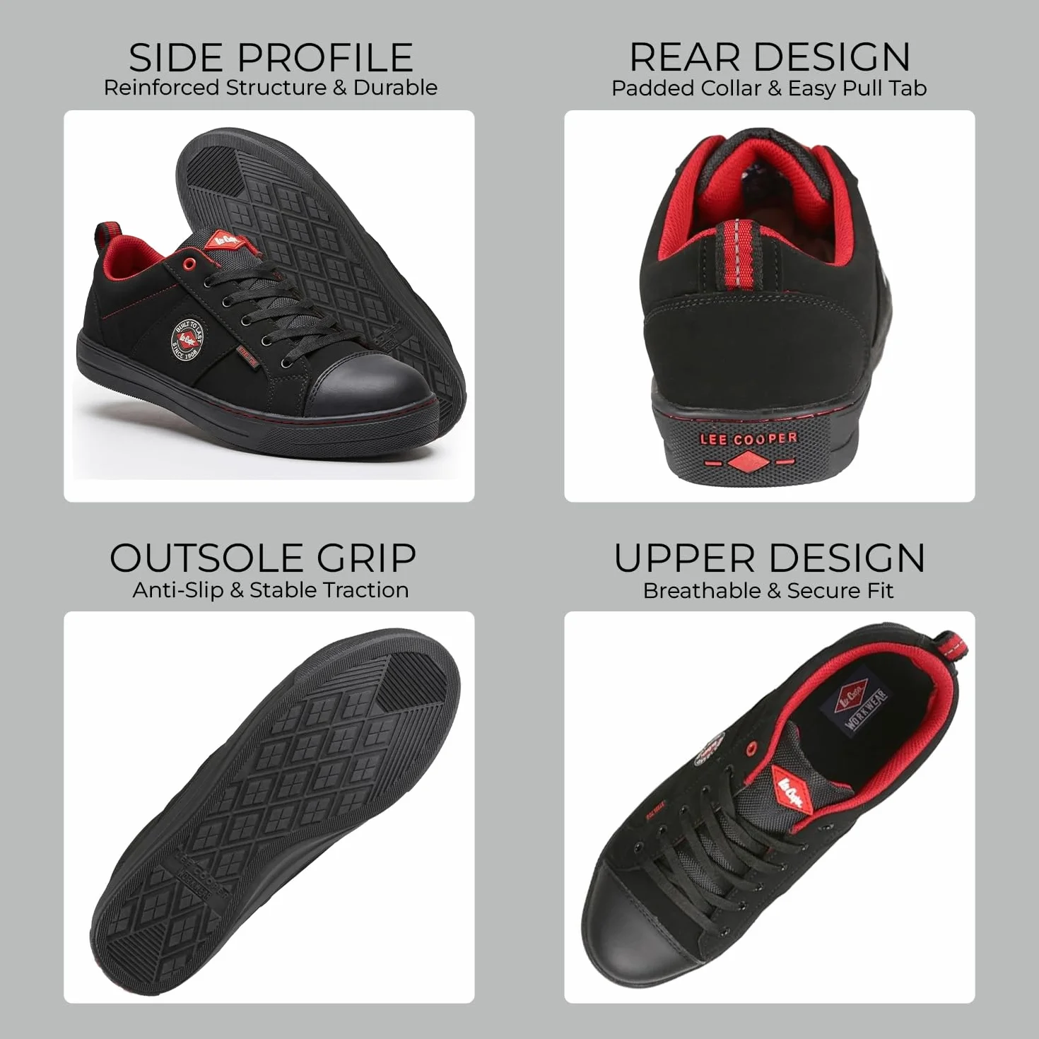 Lee Cooper ‎LCSHOE054 Unisexowe obuwie ochronne robocze SB/SRA w stylu retro baseball nowoczesny design buty robocze BHP, Czarny, 43 EU