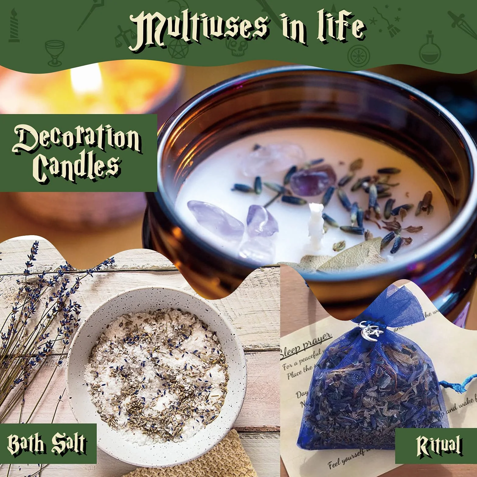 Hexenbastel-Starter-Set, Hexenzubehör für Wicca-Altar- 63 Stück Kristalle, getrocknete Kräuter, farbige Zauberkerzen, Charmtüten und Ritual Hexensalz für Zaubersprüche, Babyhexen