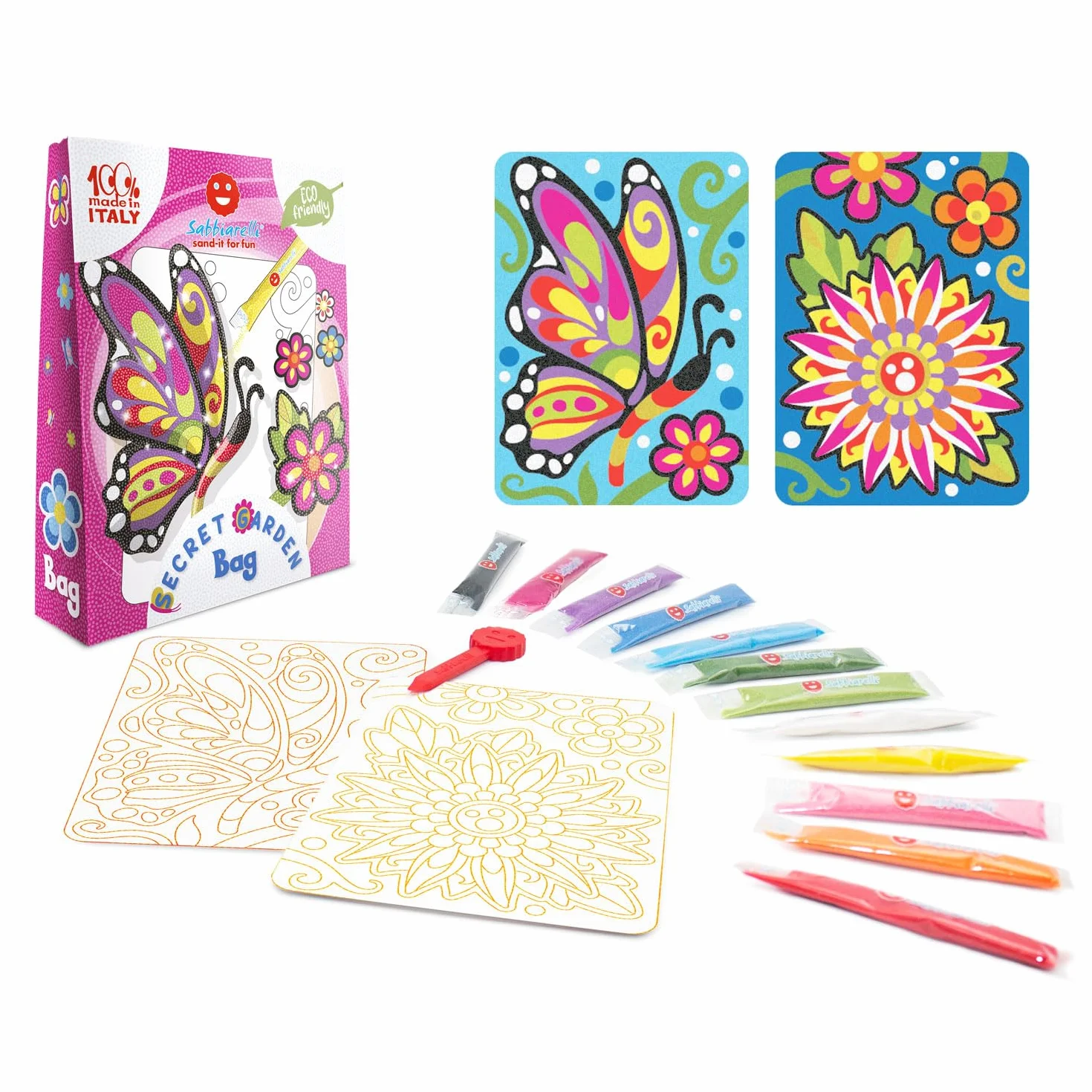 Sabbiarelli Sand-it For Fun – Bag Secret Garden | Mini Kit Sand Art z Kwiatem i Motylem 100% Made in Italy z Kolorowym Piaskiem i Rysunkami Samoprzylepnymi | Hobby 10+