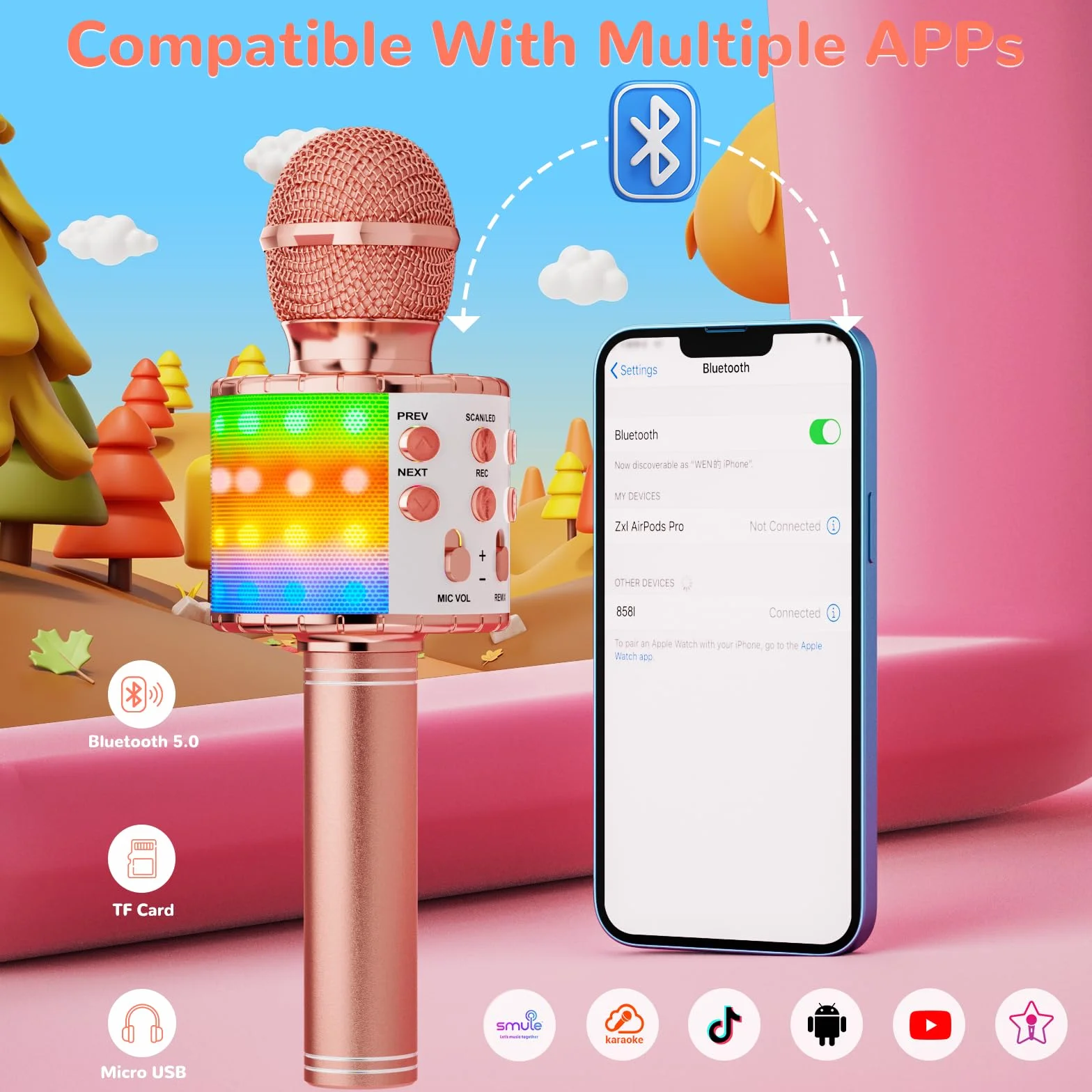 Ankuka Bezprzewodowy mikrofon do karaoke, 4 w 1, ręczny mikrofon Bluetooth, głośnik, maszyna do karaoke z tańczącymi światłami LED, domowy odtwarzacz KTV kompatybilny z urządzeniami z systemem Android