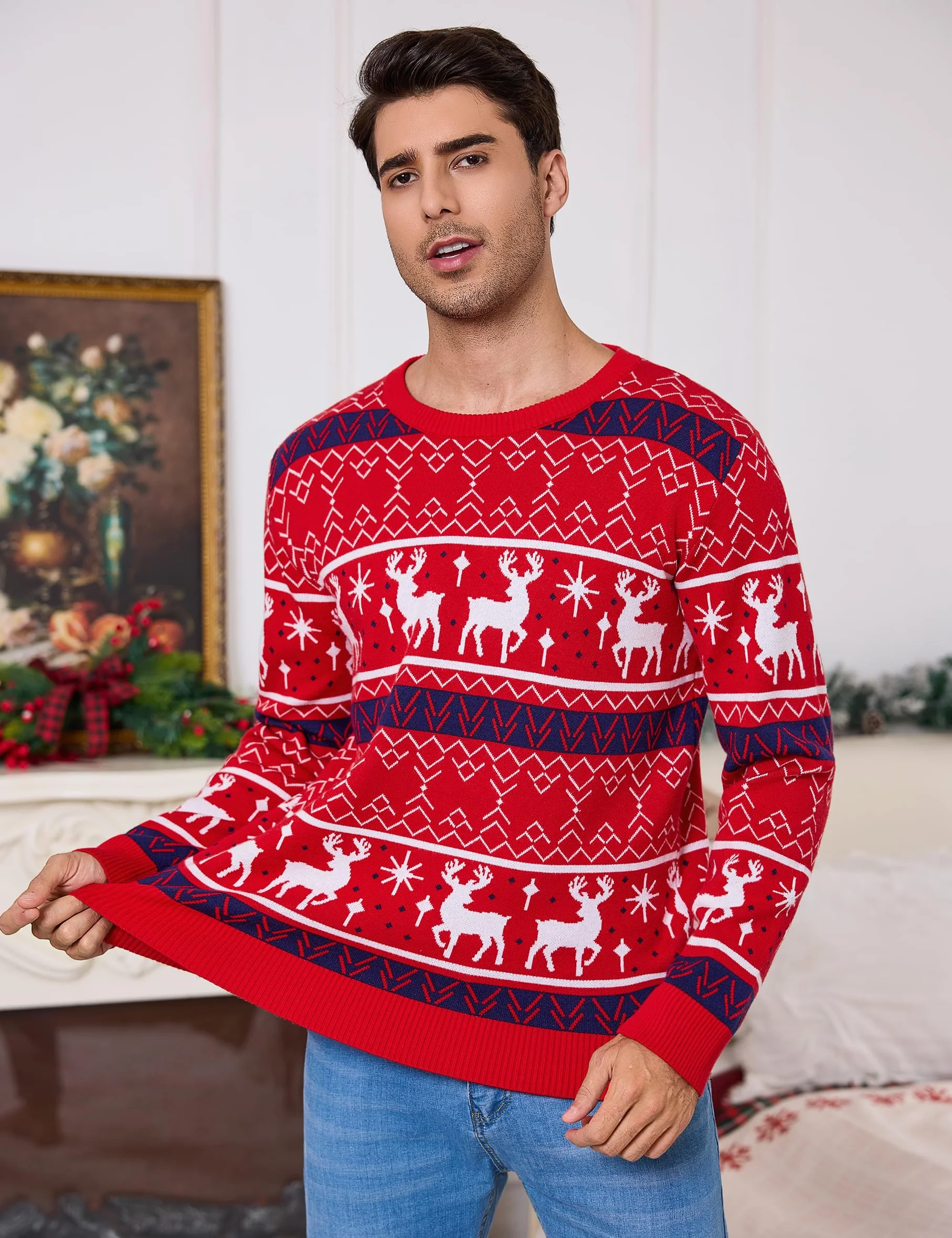 Litherday Świąteczny sweter męski zabawny renifer świąteczny nadruk oryginalny męski sweter świąteczny na zimowe imprezy S-XXL