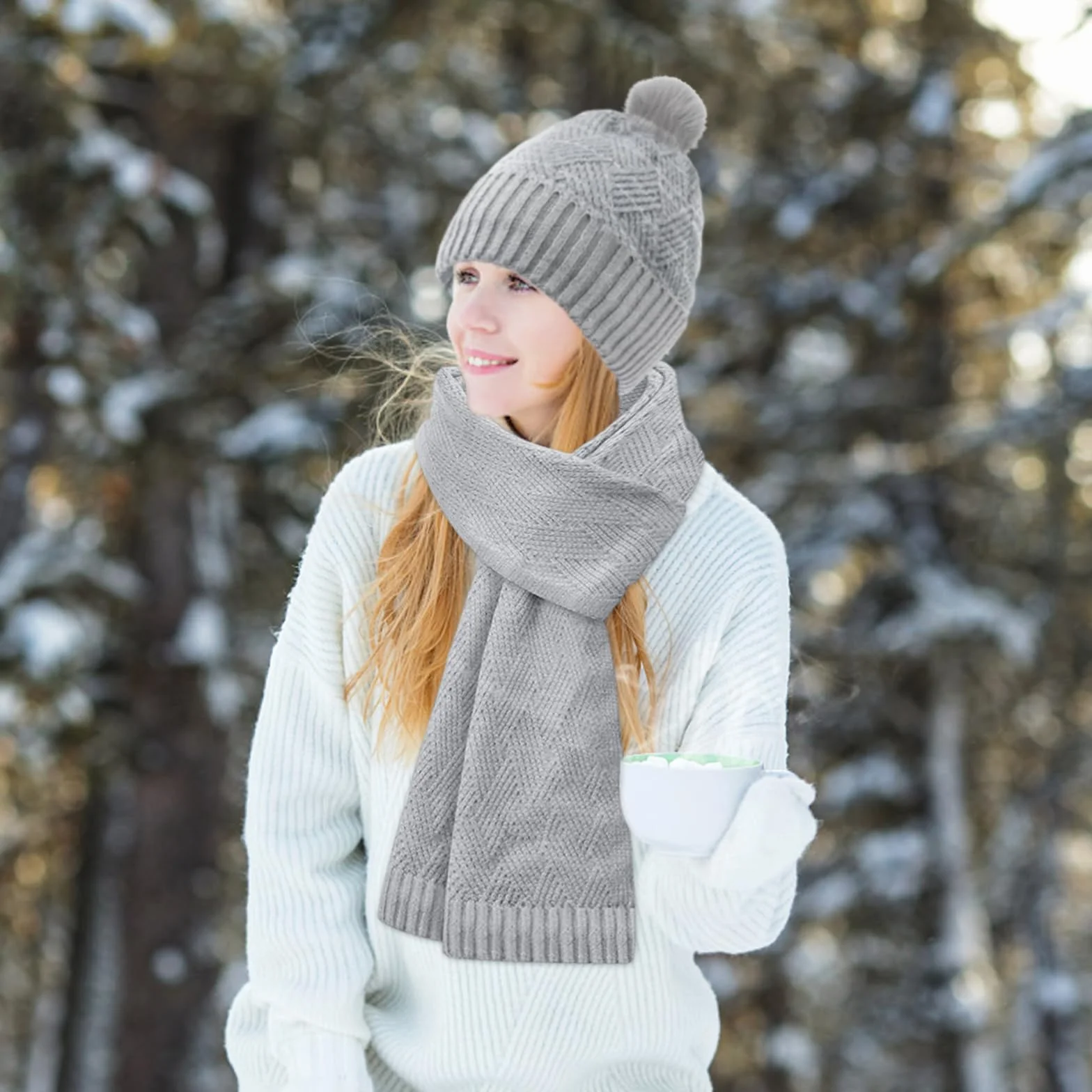 Damska czapka, szalik, zestaw zimowy, szalik, rękawiczki, zestaw dla kobiet, termiczna czapka zimowa, czapka z dzianiny, czapka beanie z pomponem, szale, rękawiczki zimowe z dzianiny