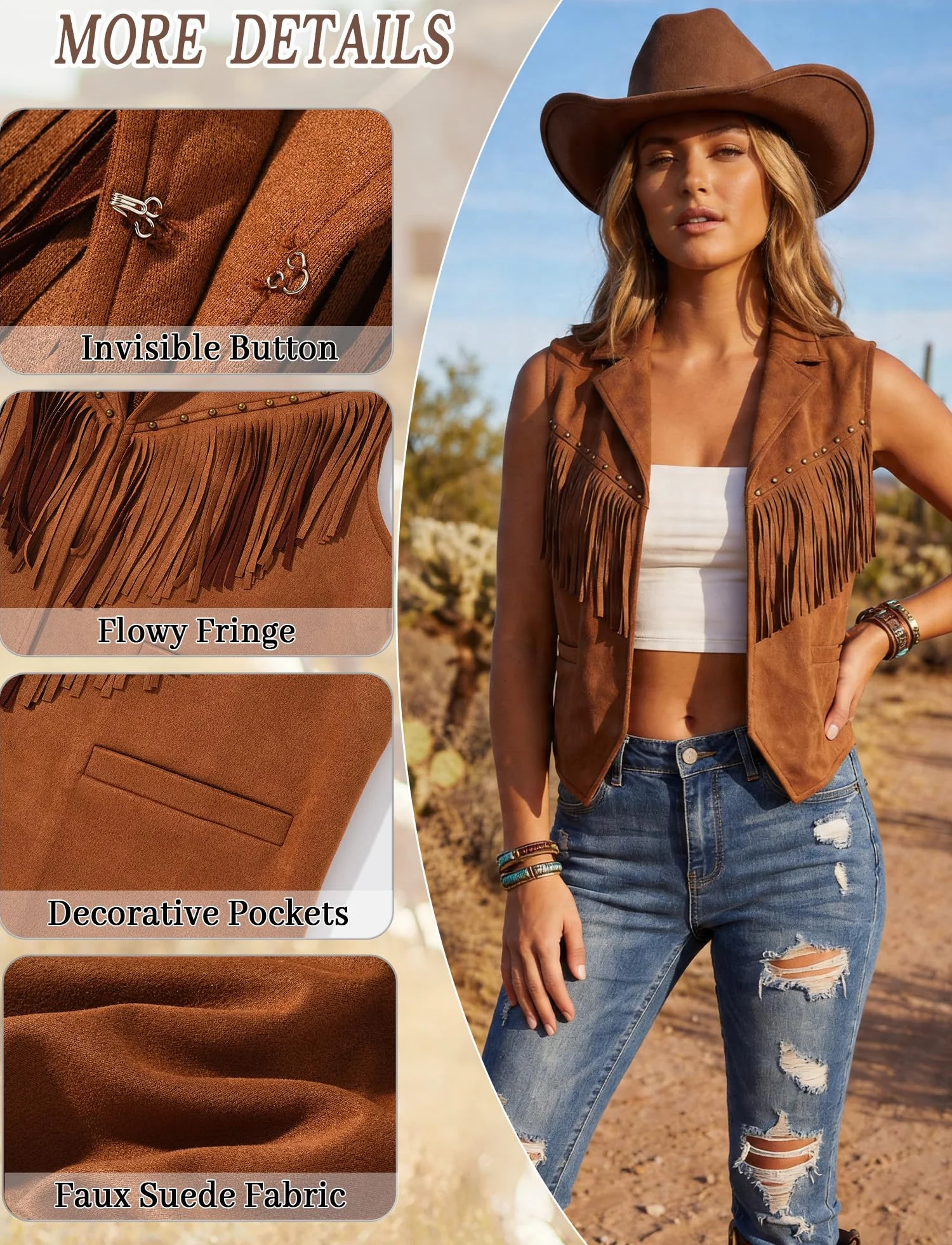 Panegy Damska kamizelka z frędzlami, retro, zamszowa kamizelka w stylu lat 70., styl hipisowski, sztuczny zamsz, kurtka vintage, krótka kurtka z frędzlami, cowgirl, nity
