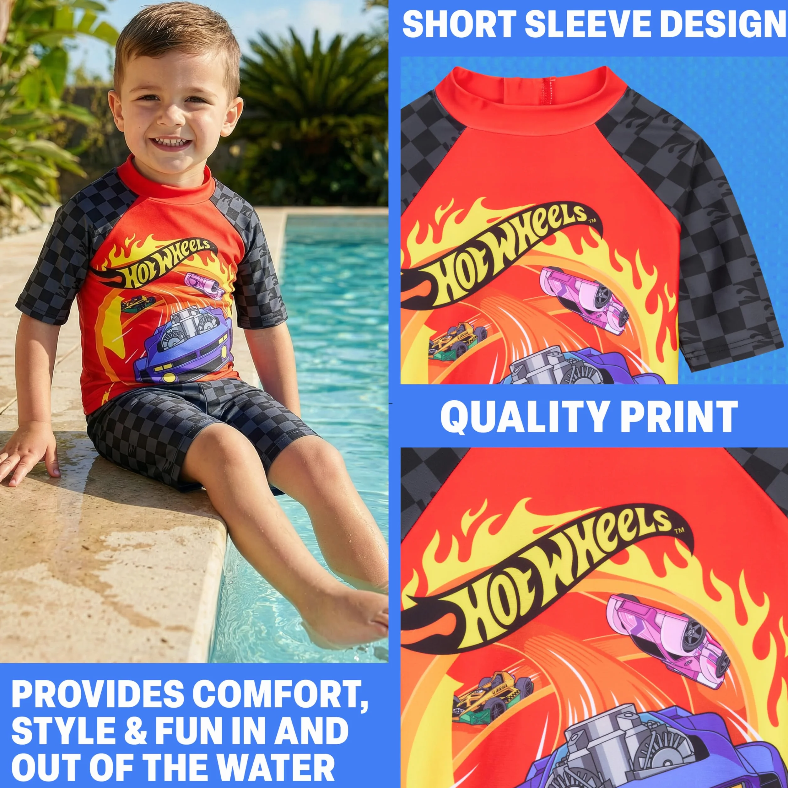 Spider-Man Hot Wheels, zestaw strojów kąpielowych dla chłopców, 2 szt. kostiumów kąpielowych, szorty kąpielowe i kamizelka wysypka, niezbędnik na wakacje na basenie